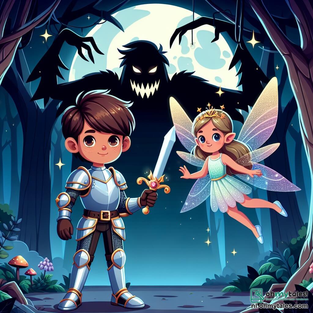 Une illustration sous forme de dessin destinée aux enfants représentant une mystérieuse forêt enchantée illuminée par la lune d'Halloween, avec un garçon de 11 ans aux cheveux bruns et aux yeux pétillants, vêtu d'une armure de chevalier brillante, tenant un épée scintillante, tandis qu'une petite fée aux ailes iridescentes et aux cheveux dorés vole à ses côtés, tous deux faisant face à une grande ombre menaçante qui émerge des arbres, symbolisant la lutte contre la peur et l'aventure magique de la nuit d'Halloween.