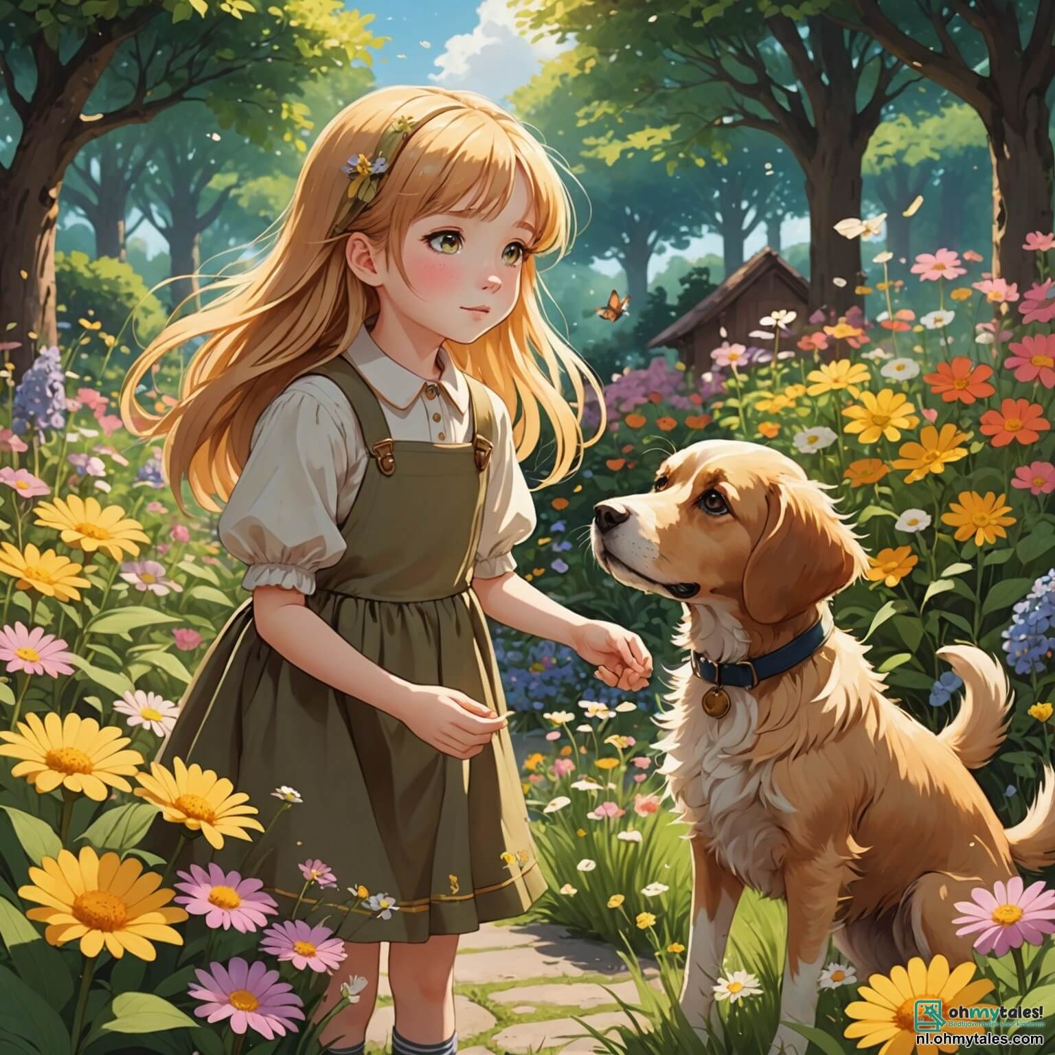 Une illustration destinée aux enfants représentant une petite fille aux cheveux dorés, aux yeux pétillants de curiosité, se tenant dans un jardin enchanteur, où les fleurs colorées dansent au gré du vent, tandis qu'elle se penche avec tendresse sur une fleur fanée, symbole de la perte, entourée de son fidèle chien au pelage brun et doux, qui l'observe avec des yeux pleins de compréhension, alors qu'elle se remémore les doux souvenirs de sa grand-mère bien-aimée, dont la présence chaleureuse et réconfortante lui manque dans ce lieu baigné de lumière dorée, où les rayons du soleil filtrent à travers les feuilles des grands arbres, créant un tableau vivant de vie et de mélancolie.