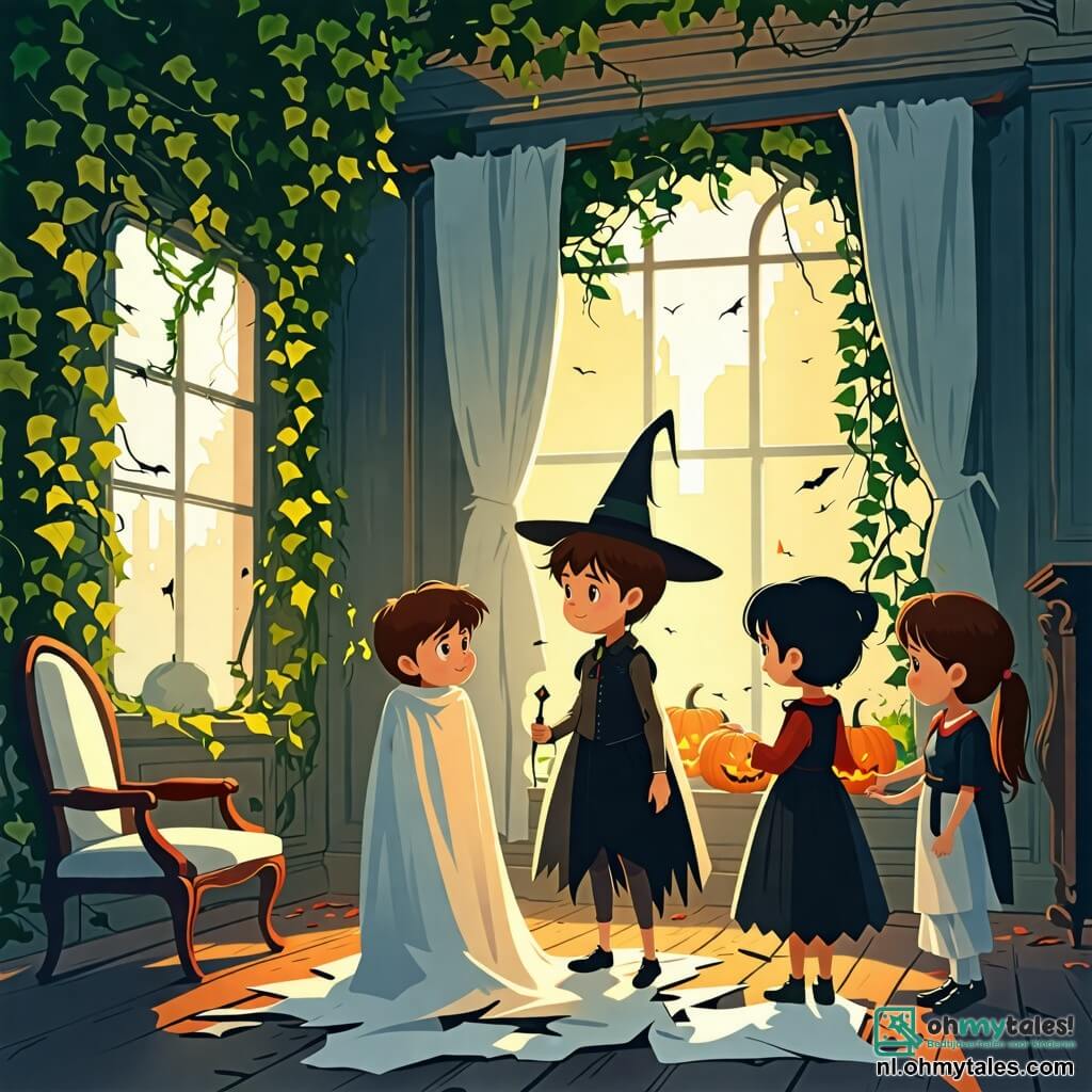 Illustratie van een Halloween-scène in een oud, mysterieus landhuis. De muren zijn bedekt met klimop en gebroken ramen laten een gedempt licht binnen, wat een intrigerende en licht angstaanjagende sfeer creëert. Binnen staat een groep kinderen in het midden van de kamer, omringd door oude meubels bedekt met witte lakens. Een elfjarig jongetje met rommelig bruin haar draagt een oud laken als spookkostuum, zijn ogen stralen van opwinding en nieuwsgierigheid. Naast hem staat een elfjarig meisje, verkleed als heks in een zwarte jurk met een puntige hoed, met een toverstok in de hand, klaar om te verkennen. Een andere elfjarige jongen is verkleed als vampier met scherpe tanden en een rode cape, met een ondeugende glimlach. Tot slot kijkt een elfjarig meisje, gekleed in een glinsterend spookkostuum, om zich heen met een mengeling van verwondering en zenuwen. De belangrijkste situatie toont de kinderen die een oude piano ontdekken in de kamer, met muzieknoten die om hen heen zweven, terwijl een vriendelijke schaduw, die het Halloween-spook vertegenwoordigt, hen met een welwillende glimlach observeert. Halloween-decoraties zoals glimlachende pompoenen en spinnenwebben voegen een feestelijke toets toe aan de scène.