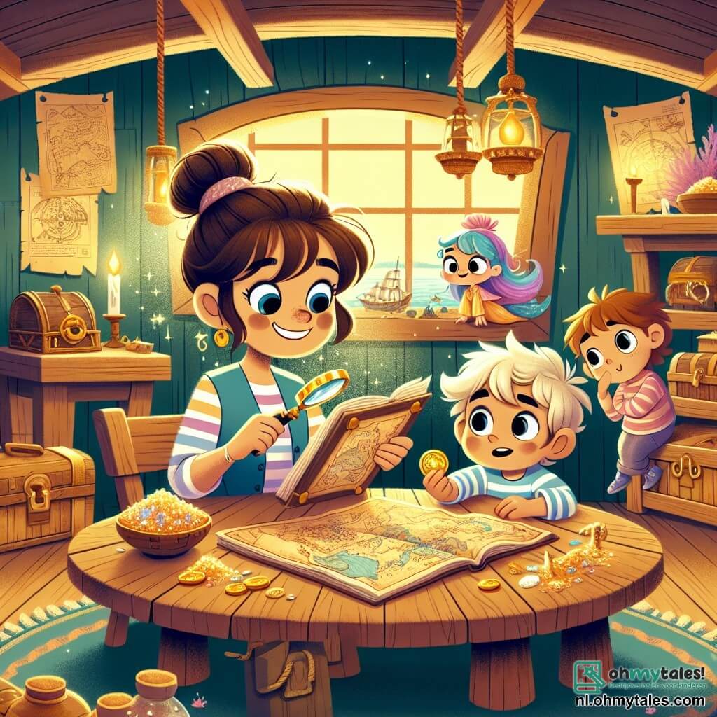 Illustratie van een scène binnenin een kleine piratenhut, met rustieke houten muren, oude kaarten aan de muur en een grote eiken tafel in het midden, bedekt met glinsterende schatten. Op de voorgrond observeert een vrouwelijke detective van rond de dertig, met bruin haar in een knot, aandachtig een schatkaart met een vergrootglas in de ene hand en een notitieboekje in de andere. Naast haar kijkt een jonge jongen van ongeveer 10 jaar, met rommelig blond haar en een gestreept t-shirt, nieuwsgierig naar een gouden munt die hij in zijn hand houdt. In een hoek zweeft een klein zeemonster, een schattige zeemeermin met gekleurd haar, glimlachend en klaar om te helpen. De hoofdsetting toont de detective en haar vrienden die aanwijzingen zoeken om een verdwenen schatkaart te vinden, omringd door glanzende schatten en mysterieuze voorwerpen, wat een sfeer van avontuur en mysterie creëert. Stralen licht filteren door het raam en verlichten de scène, waardoor een magische toets aan het geheel wordt toegevoegd.