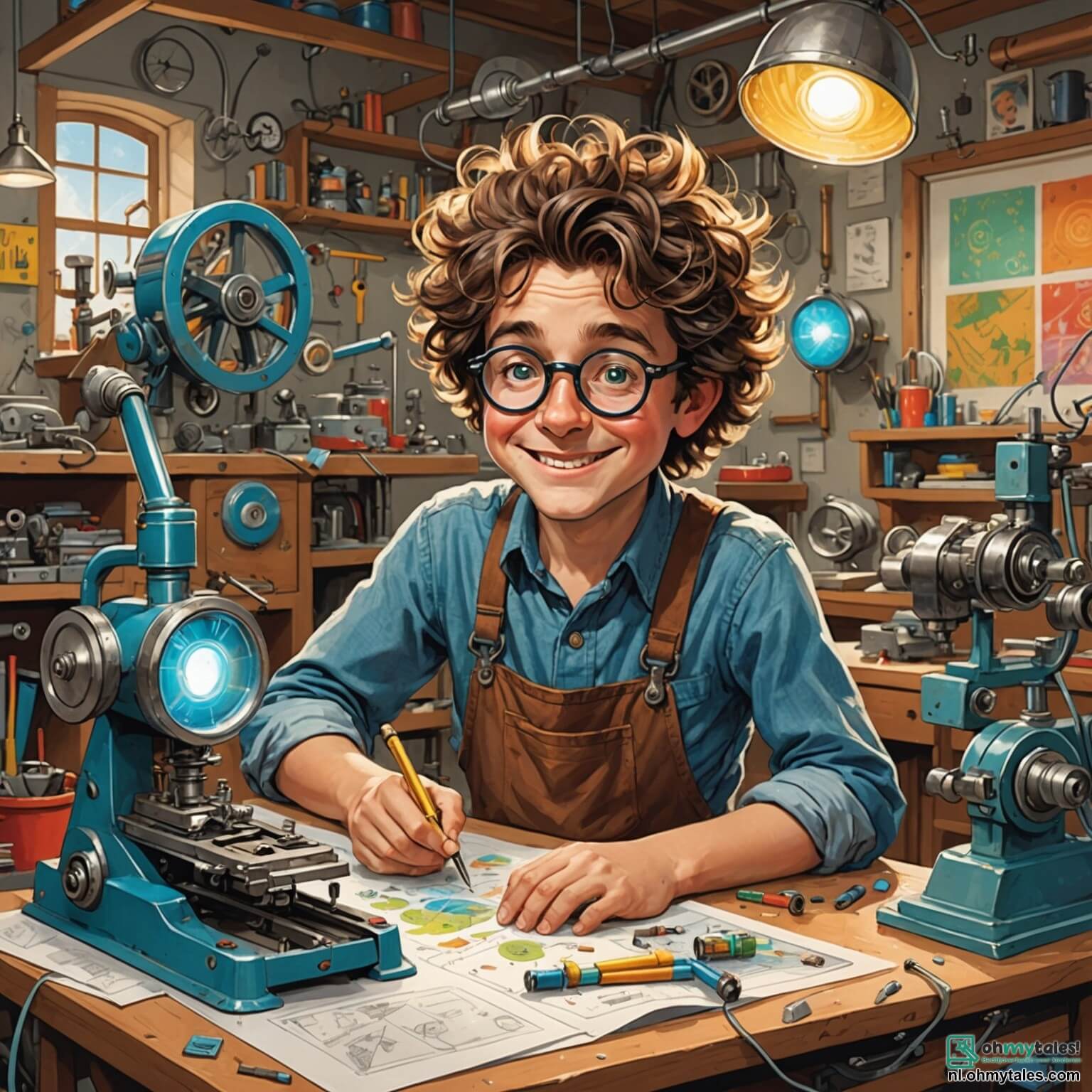 Une illustration destinée aux enfants représentant un homme au sourire malicieux, aux cheveux ébouriffés et aux lunettes rondes, entouré de machines bourdonnantes et de plans colorés dans son atelier lumineux, où des éclats de lumière scintillent sur des outils éparpillés et des inventions farfelues, tandis qu'il s'affaire à créer une bicyclette volante avec l'aide de deux enfants, une fille aux yeux pétillants et un garçon curieux, tous deux émerveillés par les engrenages en mouvement et les éclats de couleurs des matériaux, le tout se déroulant dans un petit village pittoresque, bercé par le chant des oiseaux et le doux parfum des fleurs qui entourent la maison de l'inventeur.
