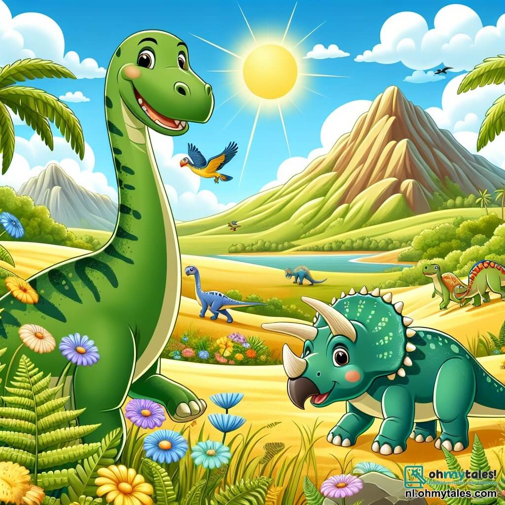 Illustratie van een uitgestrekte en zonnige prehistorische vallei, bezaaid met grote groene varens en kleurrijke bloemen. In het midden van de scène staat een majestueuze diplodocus, met een lange slanke nek en een groene huid met gele vlekken, die vrolijk glimlacht terwijl hij zijn hoofd naar de lucht heft. Naast hem staat een vriendelijke triceratops, met drie scherpe hoorns en een robuuste schuilplaats, die nieuwsgierig kijkt naar een grote gouden zandduin. Samen verkennen ze dit nieuwe land, omringd door kleine kleurrijke dinosaurussen die vrolijk spelen. Op de achtergrond rijzen majestueuze bergen op onder een stralende blauwe lucht, terwijl prehistorische vogels boven hen vliegen, wat een levendige toets aan deze avontuurlijke scène toevoegt.