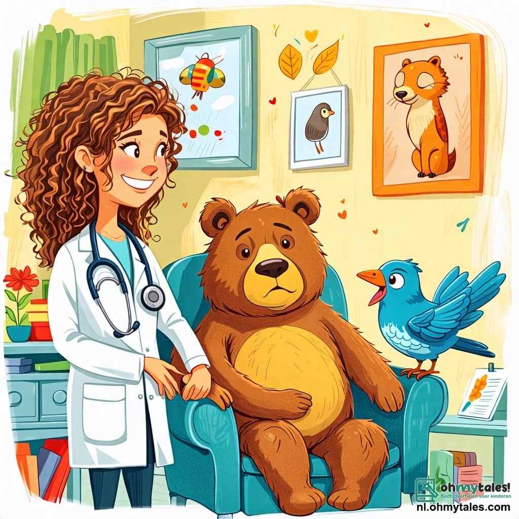 Une illustration sous forme de dessin destinée aux enfants représentant une salle de consultation chaleureuse et colorée, avec des murs ornés de dessins d'animaux, où une femme médecin souriante aux cheveux bruns et bouclés, portant une blouse blanche et une stéthoscope autour du cou, écoute attentivement un grand ours brun assis sur une chaise, qui a l'air un peu triste avec une main sur son ventre, tandis qu'un petit oiseau bleu curieux se perche sur le dossier de la chaise, observant la scène avec des yeux pétillants, illustrant le moment où la médecin aide l'ours à se sentir mieux après avoir trop mangé de miel.