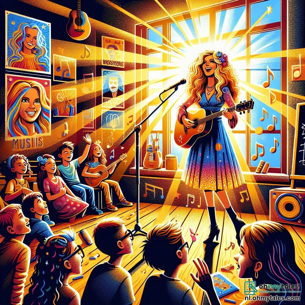 Illustratie van een levendige scène in een zonnige muziekstudio, met grote ramen die gouden stralen licht binnenlaten. De muren zijn versierd met kleurrijke posters van beroemde muzikanten en instrumenten liggen verspreid, wat een vrolijke en creatieve sfeer creëert. In het midden staat een vrouw van rond de dertig, met lange krullende haren en een kleurrijke jurk, met een gitaar in haar handen. Haar gezicht straalt passie en vastberadenheid uit terwijl ze enthousiast zingt, met ogen die glinsteren van emotie. Ze heeft een warme en inspirerende aura. Om haar heen luistert een groep van tien kinderen, ongeveer 8 tot 10 jaar oud, aandachtig. Onder hen is een meisje met gevlochten blond haar en een stippenjurk, dat de zangeres bewonderend aankijkt, en een jongen met ronde brillen en bruin haar, die glimlacht en in zijn handen klapt op de maat van de muziek. Ze zijn allemaal gefascineerd door de voorstelling, sommigen wiegen zachtjes op de melodie. De hoofdscène toont de vrouw die haar passie voor muziek deelt met de kinderen, hen inspirerend om in hun dromen te geloven. Muzieknoten zweven door de lucht, wat een magische toets aan de scène toevoegt, terwijl een schoolbord op de achtergrond schetsen van liedjes en creatieve ideeën toont.