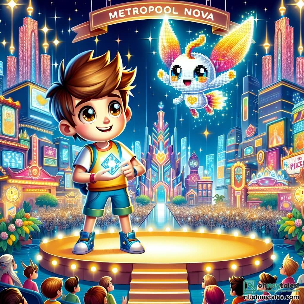 Une illustration sous forme de dessin destinée aux enfants représentant une scène vibrante de la Metropool Nova, une ville futuriste avec des gratte-ciels scintillants et des véhicules volants, où un garçon de 9 ans aux cheveux châtains et aux yeux pétillants, vêtu d'une t-shirt coloré et d'un short, se tient courageusement sur une scène illuminée, tenant un petit amulet brillant dans sa main, tandis qu'une Pixelfee, un petit être lumineux avec des ailes scintillantes et des yeux curieux, vole à ses côtés, tous deux s'adressant à une foule émerveillée de citoyens, illustrant le moment où ils unissent magie et technologie lors d'un festival pour sauver la Magique Rots.