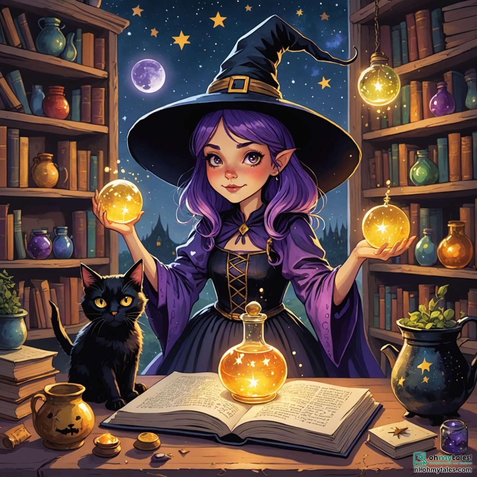 Une illustration destinée aux enfants représentant une sorcière pétillante aux cheveux violets flottant dans l'air, vêtue d'une robe chatoyante ornée d'étoiles scintillantes, qui concocte une potion magique dans sa cuisine remplie de potions colorées, de livres anciens aux pages jaunies et d'herbes parfumées, tandis qu'un chat noir espiègle aux yeux brillants l'observe avec curiosité, et où, à l'extérieur, un village pittoresque aux maisons en bois aux volets colorés et aux jardins fleuris s'étend sous un ciel bleu éclatant, où les rires des villageois émerveillés résonnent alors qu'ils attendent avec impatience de découvrir la potion ensorcelante qui les fera tous éclater de rire.