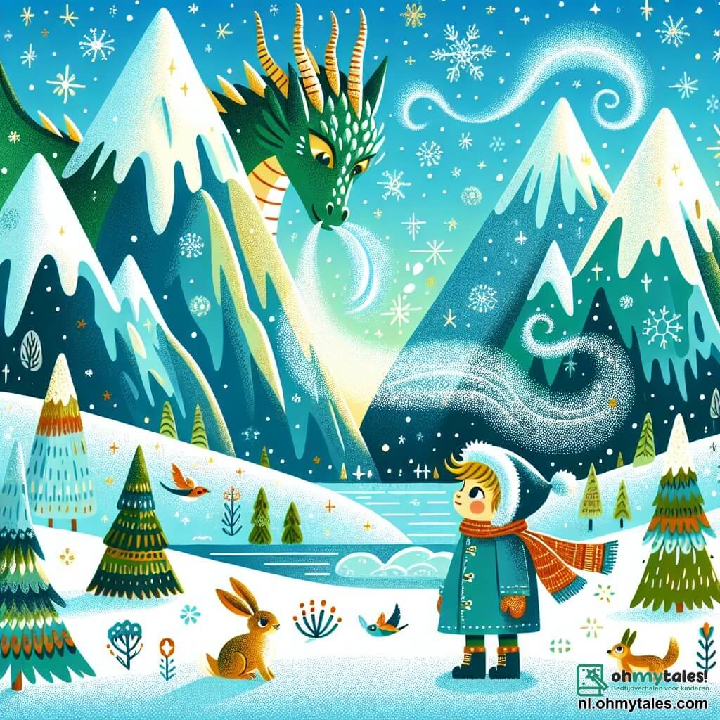 Illustratie van een betoverend landschap met besneeuwde bergen, waar majestueuze toppen oprijzen onder een stralende blauwe lucht. De sneeuw schittert als diamanten in de zon, terwijl magische vlokken door de lucht dansen. Op de top van een van de bergen blaast een majestueuze draak met glanzende smaragdgroene schubben en gouden ogen zachtjes een fonkelende sneeuw, waardoor een zachte sneeuwstorm ontstaat. Aan zijn voeten kijkt een jongen van ongeveer 7 jaar met blond haar en sprankelende ogen vol verwondering naar de draak, zijn wangen roze van de kou. De jongen draagt een heldere blauwe jas en wollen handschoenen. Samen proberen ze de sneeuw te redden van het smelten, verenigd in een magisch avontuur. Kleine dieren, zoals konijnen met lange oren en kleurrijke vogels, omringen hen en voegen een vleugje leven en magie toe aan deze betoverende scène.