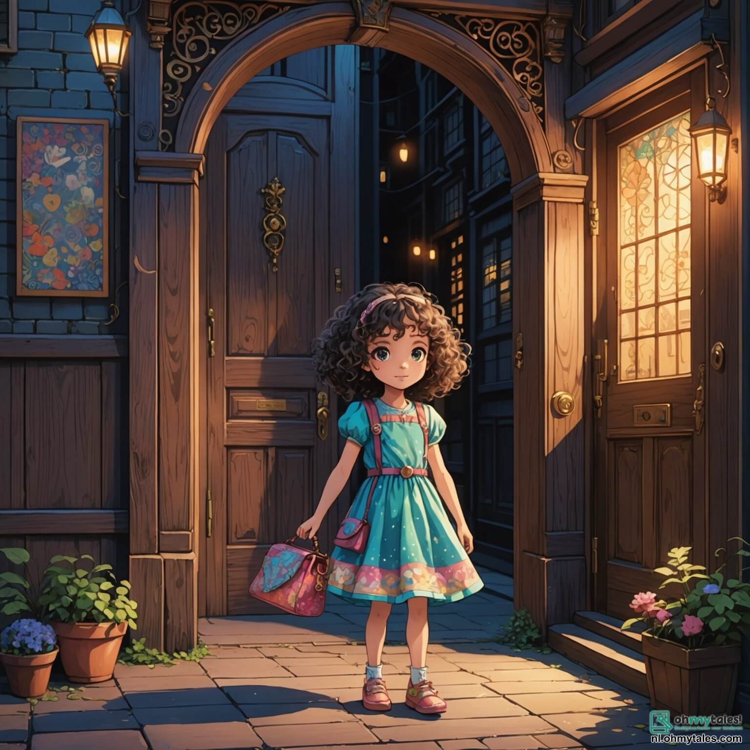 Une illustration destinée aux enfants représentant une petite fille aux cheveux bouclés et aux yeux pétillants, portant une robe colorée et une petite sacoche remplie de trésors, se tenant devant une porte mystérieuse en bois ancien ornée de motifs envoûtants, dans une ville moderne où les gratte-ciels scintillent sous la lumière des néons et où des ombres mystérieuses dansent entre les ruelles étroites, tandis qu'un petit être féerique à la fourrure douce et aux grandes oreilles, qui est son ami fidèle, l'encourage à entrer dans ce monde magique où elle doit sauver des étoiles volées des griffes d'un redoutable roi des ombres, tout cela se déroulant dans un décor urbain vibrant et plein de couleurs, où la réalité et la magie se mêlent harmonieusement.