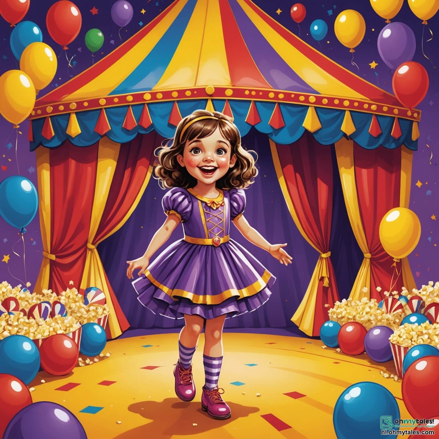 Une illustration destinée aux enfants représentant une petite fille aux yeux pétillants et à la robe violette scintillante, pleine d'excitation et de curiosité, se tenant devant une immense tente de cirque aux couleurs éclatantes, ornée de rayures rouges et jaunes, avec des ballons flottants dans l'air et le doux parfum de pop-corn qui flotte autour d'elle, alors qu'elle s'apprête à vivre une aventure inoubliable aux côtés d'une funambule gracieuse, vêtue d'un costume étincelant, et d'un clown farceur, au nez rouge et aux cheveux ébouriffés, tous deux prêts à l'entraîner dans le monde magique et coloré du cirque.