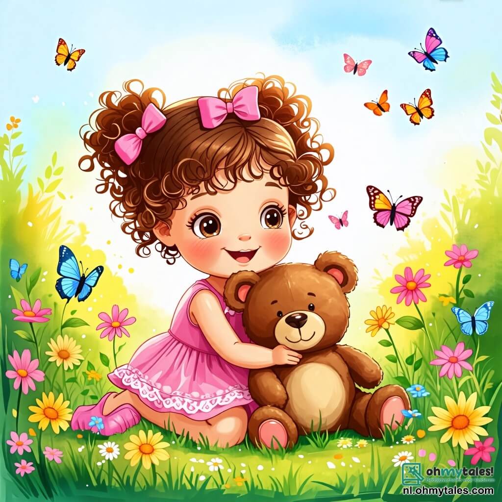 Une illustration sous forme de dessin destinée aux enfants représentant un jardin ensoleillé avec de l'herbe verte et des fleurs colorées, où une petite fille de 2 ans aux cheveux bouclés et aux yeux pétillants, vêtue d'une robe rose, s'assoit dans l'herbe en tenant tendrement une grande teddy bear en peluche brune, tandis qu'elle sourit joyeusement, entourée de papillons colorés, illustrant un moment doux d'amitié entre elle et son ours en peluche.
