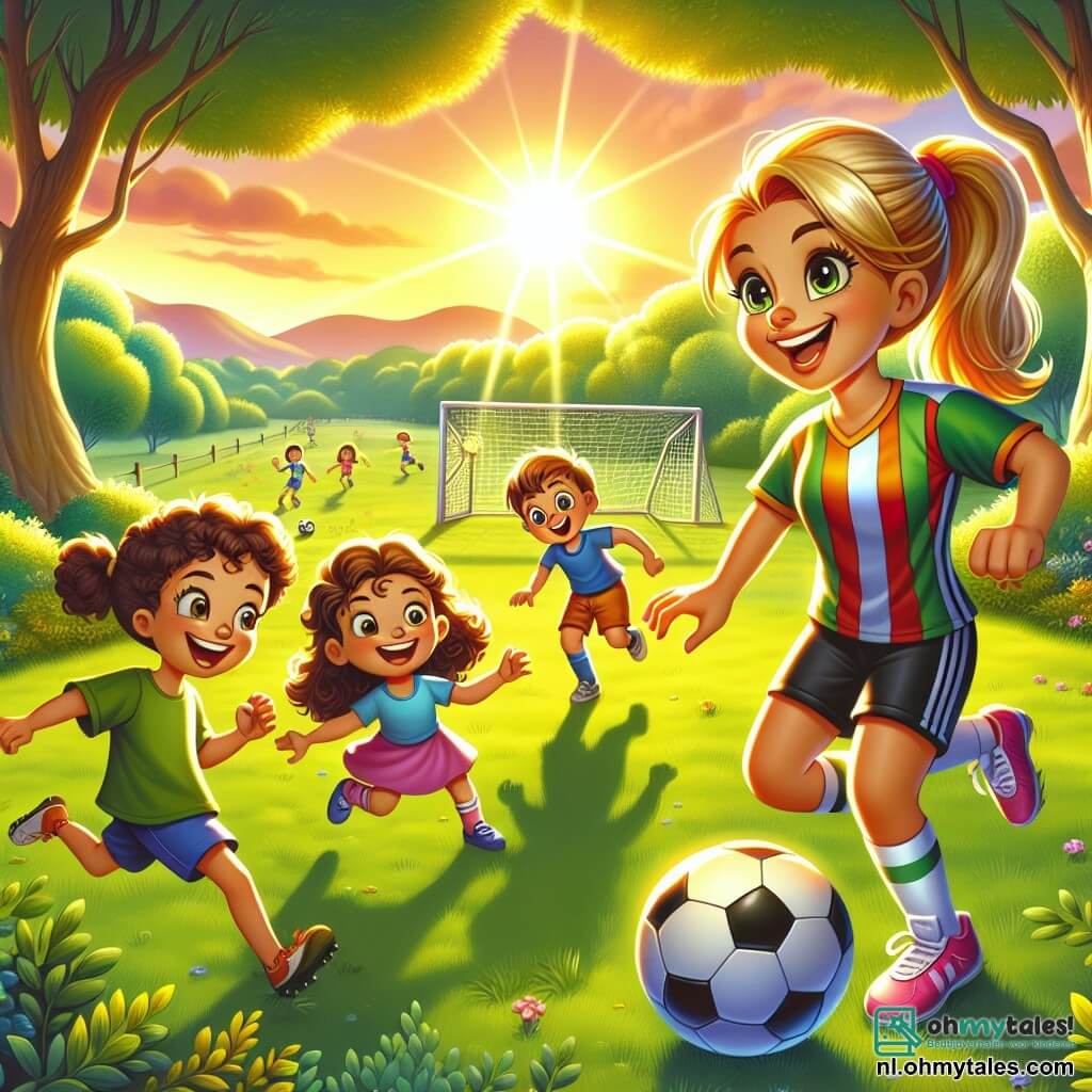 Illustration destinée aux enfants représentant un parc verdoyant baigné par la lumière dorée du soleil couchant, avec des arbres majestueux et un terrain de football improvisé où des enfants jouent joyeusement. Au centre, une femme athlétique avec des cheveux en queue de cheval, portant un maillot de football coloré et un short, montre une technique de dribble avec un sourire encourageant. À ses côtés, deux enfants, une fille aux cheveux bouclés et un garçon aux cheveux courts, sont en train de s'entraîner, les yeux brillants d'excitation, tandis que le ballon de football roule à leurs pieds. L'atmosphère est pleine de joie et d'énergie, capturant l'esprit du jeu et de l'amitié.
