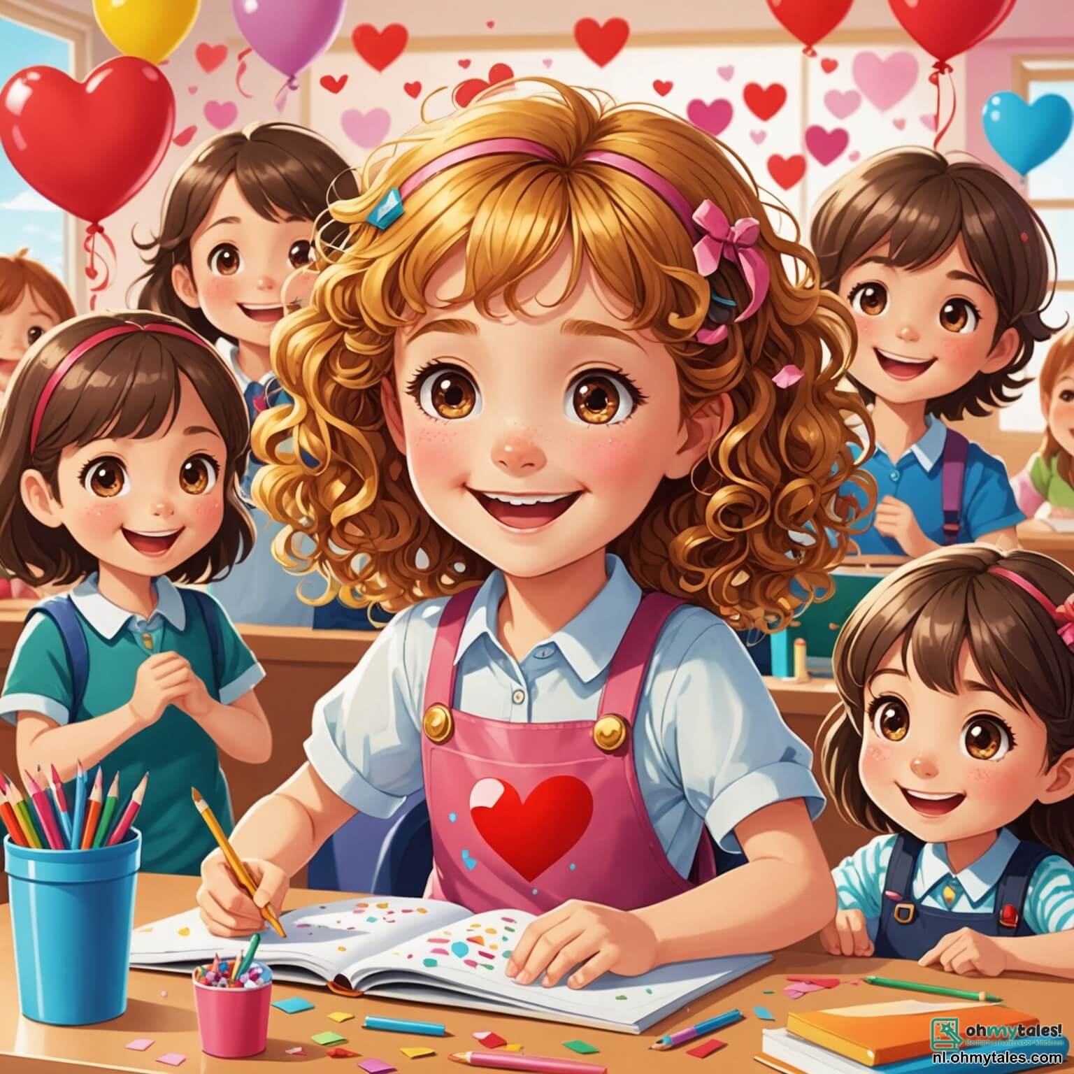 Une illustration destinée aux enfants représentant une petite fille aux boucles dorées et au sourire éclatant, pleine d'énergie et de créativité, se préparant avec enthousiasme pour la fête de la Saint-Valentin à l'école, entourée de ses amis joyeux, dont une fille à la chevelure brune et pétillante qui adore les paillettes, et un garçon au regard malicieux qui fait rire tout le monde, le tout se déroulant dans une salle de classe lumineuse décorée de cœurs en papier colorés, de guirlandes scintillantes et de ballons flottants, où l'air est empli de l'odeur sucrée des cupcakes et de l'excitation palpable de l'amitié et de l'amour partagé.