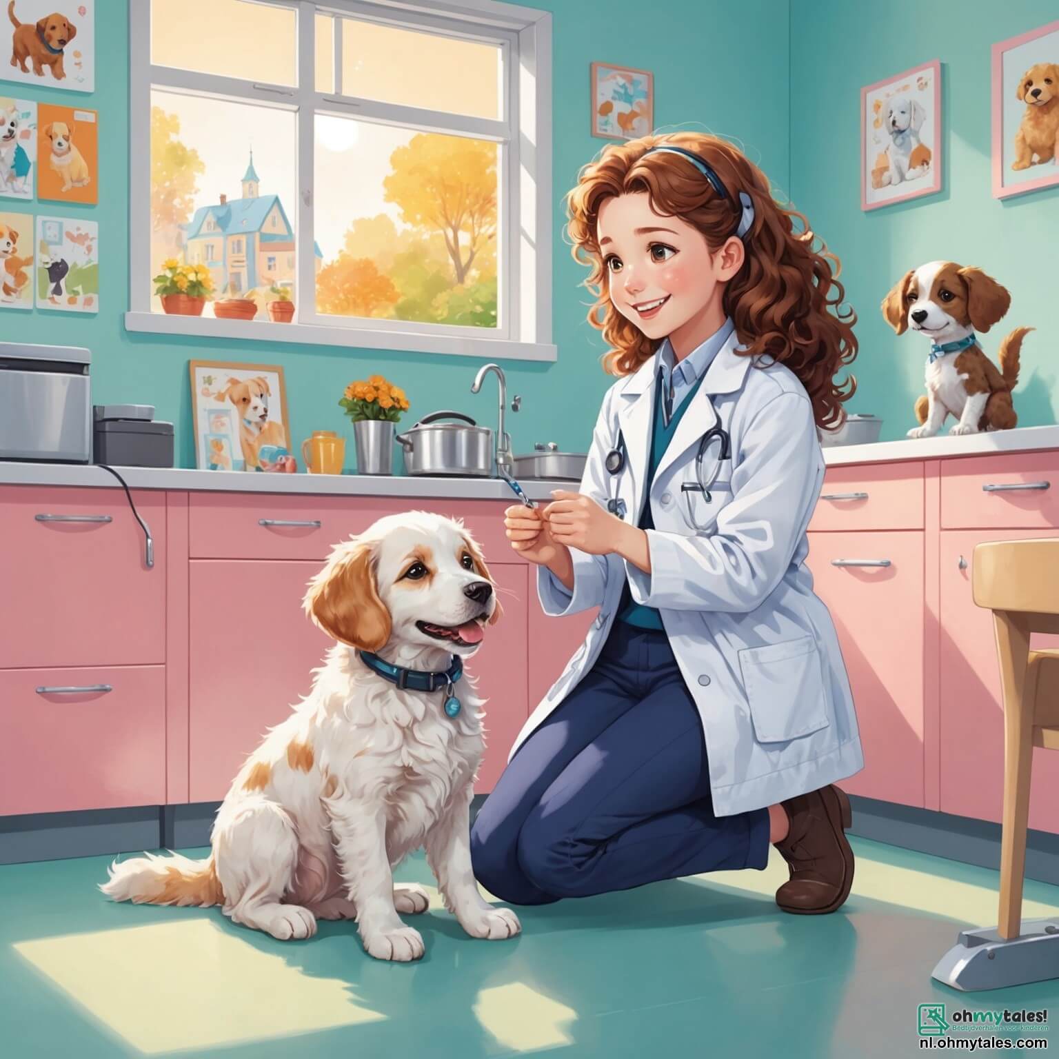 Une illustration destinée aux enfants représentant une femme vétérinaire au sourire chaleureux, vêtue d'une blouse blanche éclatante, s'agenouillant avec tendresse devant un adorable chiot aux yeux pétillants, dans une clinique animée aux murs pastel ornés de dessins d'animaux colorés, où des enfants, une fille aux cheveux bouclés et un garçon curieux, l'observent avec émerveillement, tandis que des chiens et des chats jouent joyeusement autour d'eux, créant une atmosphère de bonheur et de bienveillance.