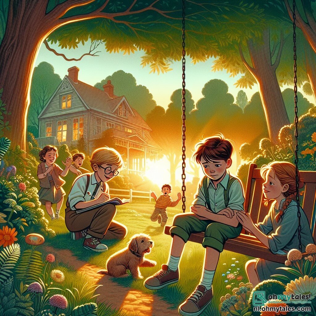 Illustratie van een emotionele scène in een groen park, verlicht door het gouden licht van de ondergang. In het midden zit een negenjarig jongetje met kastanjebruin haar en verdrietige ogen op een schommel, met zijn handen op zijn knieën, kijkend naar de grond met een pensieve blik. Naast hem staat een groep van drie kinderen: een jongen met blond haar en een bril, die glimlacht en probeert hem te troosten, een meisje met bruin gevlochten haar dat een schetsboek vasthoudt, en een andere jongen met krullend haar die een gekke bek trekt om hem aan het lachen te maken. Op de achtergrond voegen loofbomen en kleurrijke bloemen een vleugje vreugde toe, terwijl een kleine hond met een bal bij hen speelt. De sfeer is zowel zacht als melancholisch, en vangt de steun van vriendschap tegenover de verdriet van een scheiding.
