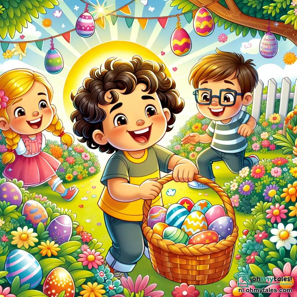 Une illustration sous forme de dessin destinée aux enfants représentant un jardin ensoleillé rempli de fleurs colorées, où un garçon de 7 ans avec une grande chevelure bouclée et un t-shirt jaune sourit joyeusement en tenant un panier rempli d'œufs de Pâques colorés, tandis que deux amis, une fille aux cheveux tressés portant une robe rose et un garçon avec des lunettes et un t-shirt bleu, l'aident à chercher des œufs cachés derrière des buissons et sous des arbres, le tout dans une ambiance festive et joyeuse, avec des ballons flottants et des guirlandes décoratives.