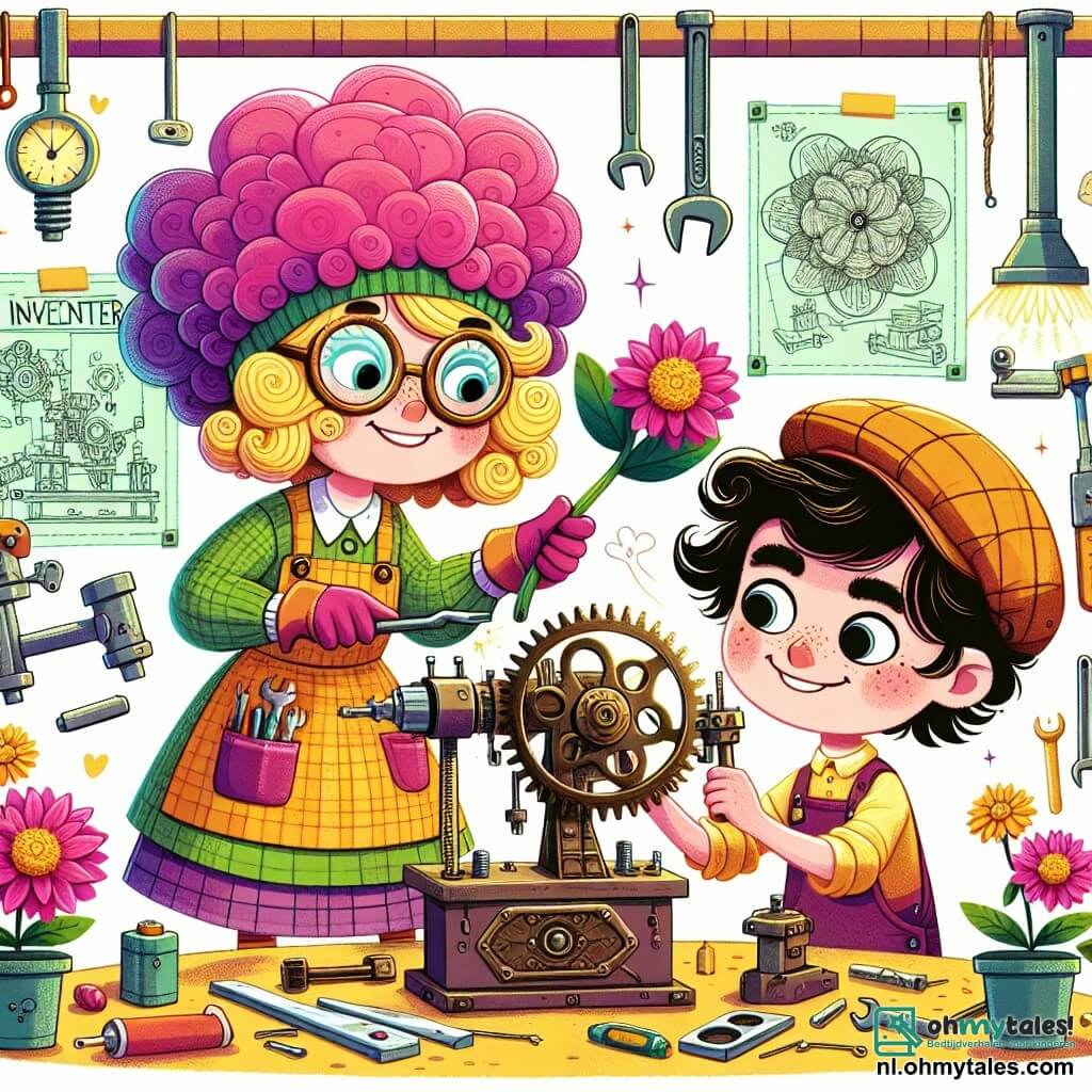 Une illustration sous forme de dessin destinée aux enfants représentant une lumineuse et colorée atelier d'invention, avec une femme aux cheveux bouclés et colorés, portant des lunettes de protection et un tablier, en train de travailler avec enthousiasme sur une machine à fleurs, tandis qu'un garçon aux yeux pétillants et aux vêtements colorés l'aide en tenant une grande clé à molette, entourés de divers outils, de croquis de machines accrochés aux murs et de fleurs éclatantes qui attendent d'être arrosées, capturant l'esprit de la créativité et de l'amitié dans un moment de découverte joyeuse.