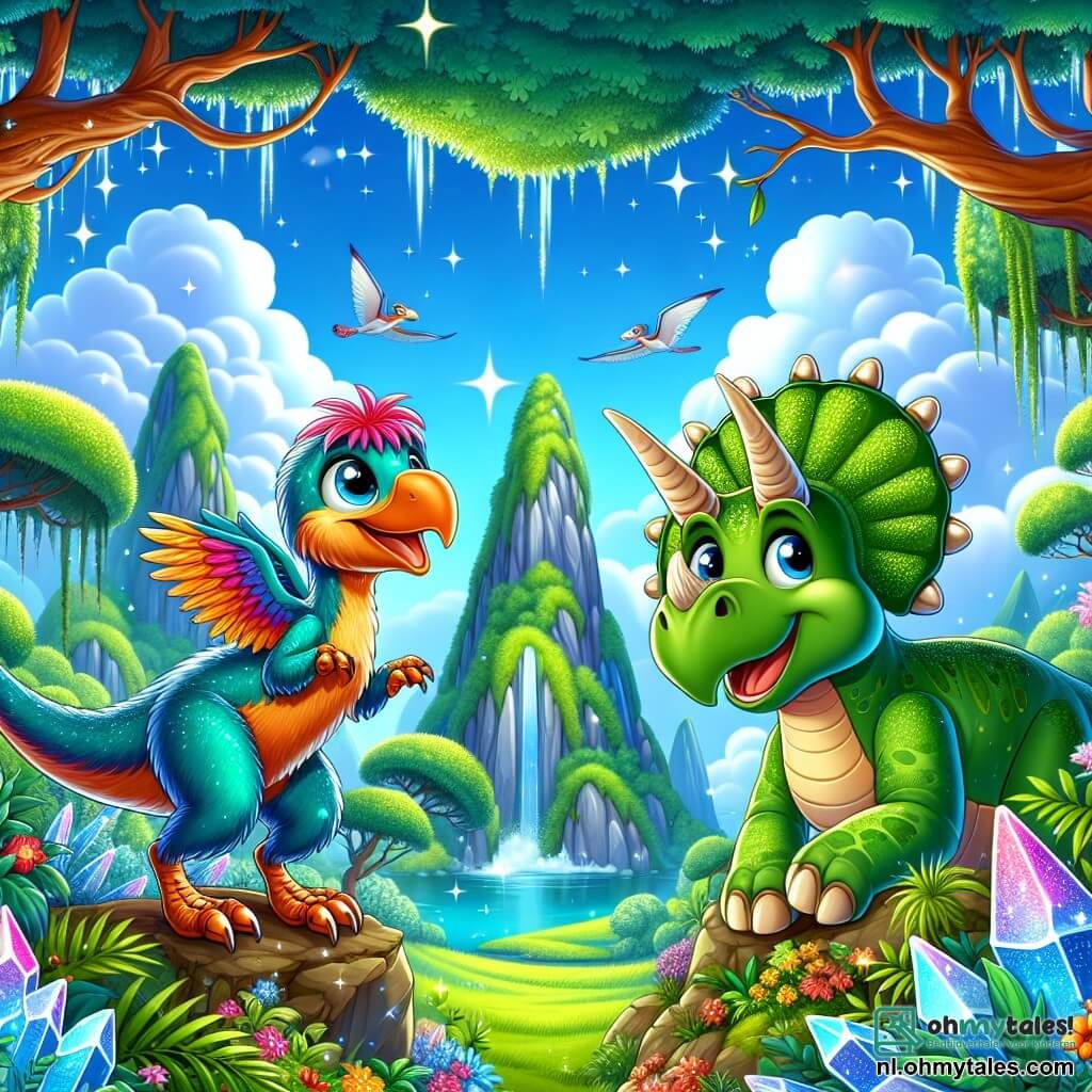 Illustratie die een magische scène in een prehistorische vallei weergeeft, waar grote groene bergen oprijzen onder een stralende blauwe lucht, bezaaid met wollige wolken. In het midden staat een velociraptor met schitterende, felgekleurde veren en nieuwsgierige, sprankelende ogen op zijn achterpoten, klaar om te verkennen. Naast hem kijkt een triceratops met groene huid, met drie duidelijke hoorns op zijn voorhoofd, vriendelijk glimlachend, zijn grote oren oplettend voor de omgevingsgeluiden. Op de achtergrond voegen majestueuze bomen met weelderig loof en kleurrijke bloemen een vleugje magie toe aan de omgeving. De scène straalt een sfeer van avontuur en kameraadschap uit, terwijl de twee dinosaurussen zich voorbereiden om de verborgen geheimen van de vallei te ontdekken, omringd door sprankelende kristallen en zonnestralen die door het loof filteren.
