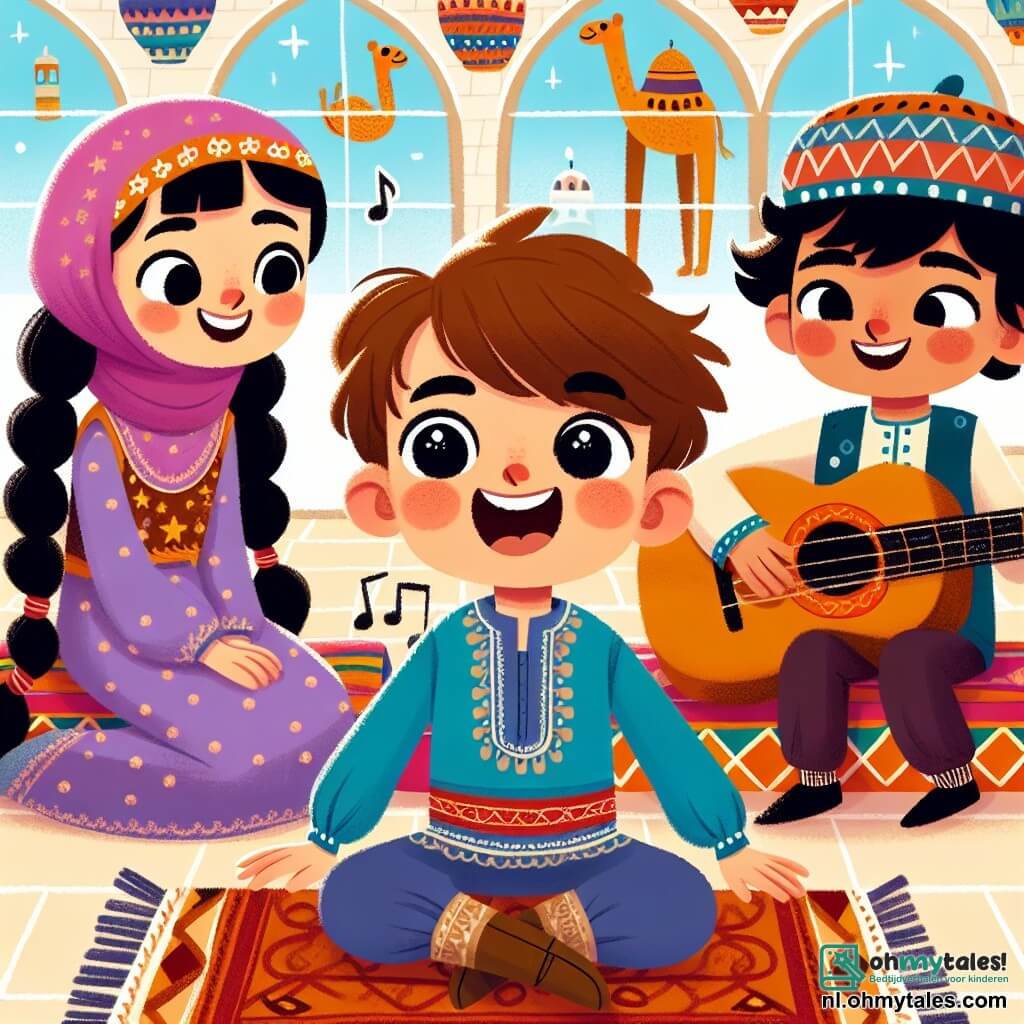 Une illustration sous forme de dessin destinée aux enfants représentant l'intérieur d'un grand et coloré Cultuurhuis, où un garçon de 3 ans aux cheveux bruns et aux yeux pétillants chante joyeusement en s'asseyant sur un coussin, entouré d'une fille aux longues tresses noires portant une robe traditionnelle d'un pays chaud, qui raconte une histoire sur les chameaux, et d'un garçon avec une pétillante casquette bleue, jouant de la guitare, tous trois rayonnants de joie et d'amitié, illustrant la beauté de la diversité culturelle.