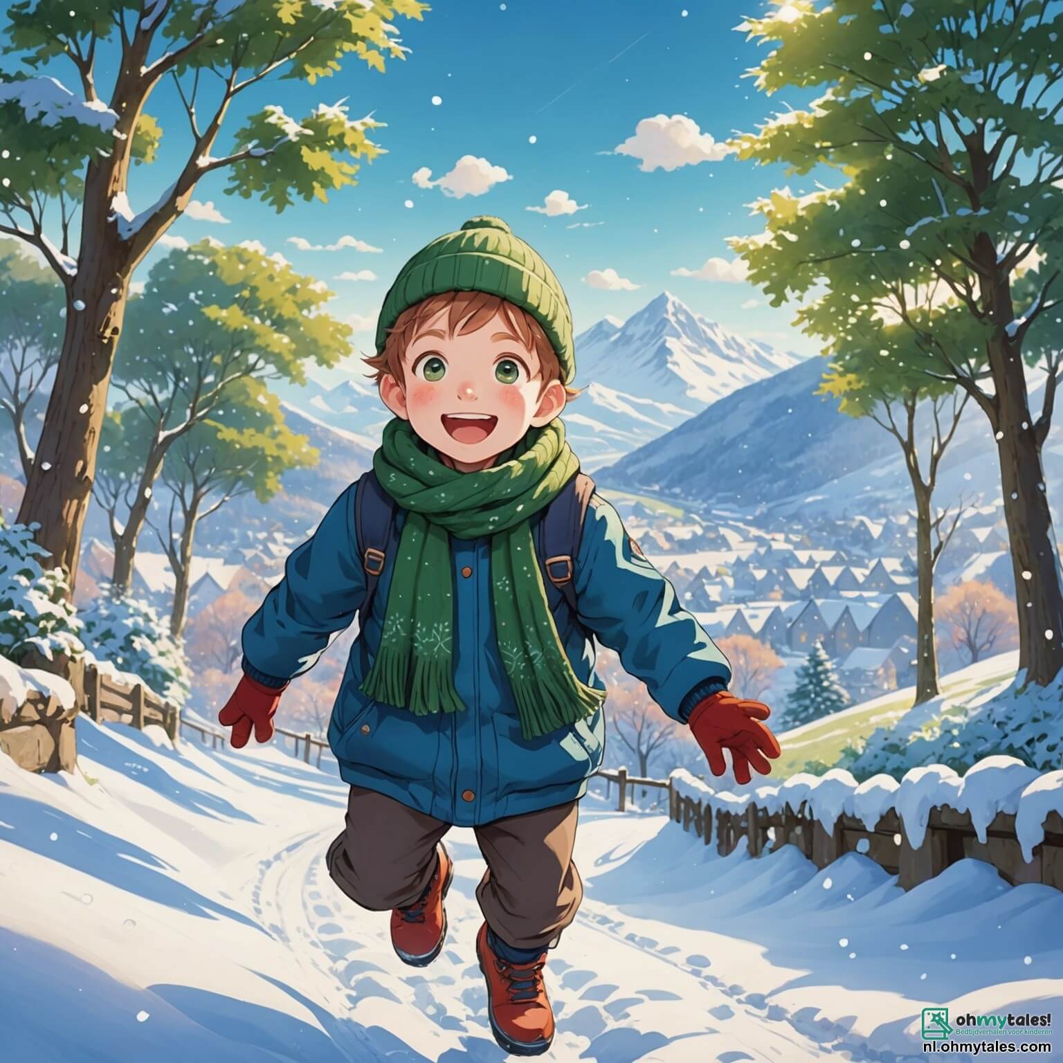 Une illustration destinée aux enfants représentant un petit garçon aux joues roses et aux yeux pétillants de joie, vêtu d'une épaisse veste bleue et d'une écharpe verte tricotée par sa grand-mère, qui s'élance avec enthousiasme dans un paysage hivernal féérique, où la neige scintille comme des millions de diamants sous le soleil d'hiver, tandis qu'il est accompagné de son meilleur ami, un autre garçon au sourire contagieux, tous deux se lançant des boules de neige dans un jardin bordé d'arbres aux branches chargées de flocons, et où se dresse fièrement leur création, un bonhomme de neige aux yeux en charbon et à la carotte en guise de nez, le tout baignant dans une atmosphère de rires et d'aventures glacées.