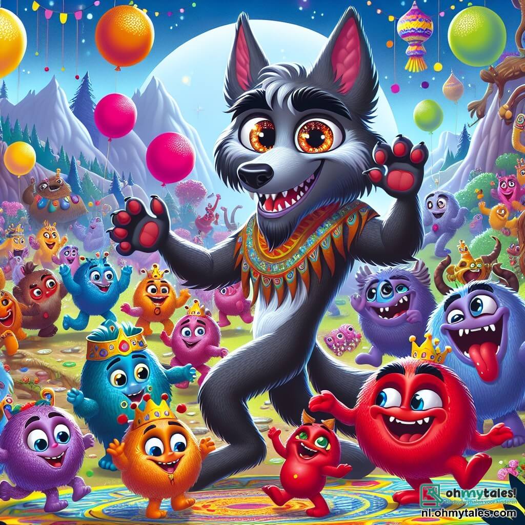 Une illustration sous forme de dessin destinée aux enfants représentant une scène colorée et joyeuse dans les Magiques Bosses, où un loup-garou au pelage chatoyant, aux yeux pétillants de malice et au sourire espiègle, danse avec enthousiasme au milieu d'un groupe de créatures rigolotes, dont une grande et rouge kreeft couronnée, entourée de petites kreefts multicolores qui sautillent et rient, alors qu'ils célèbrent un grand festin avec des ballons éclatants et des lampions scintillants, créant une atmosphère de fête et de camaraderie.