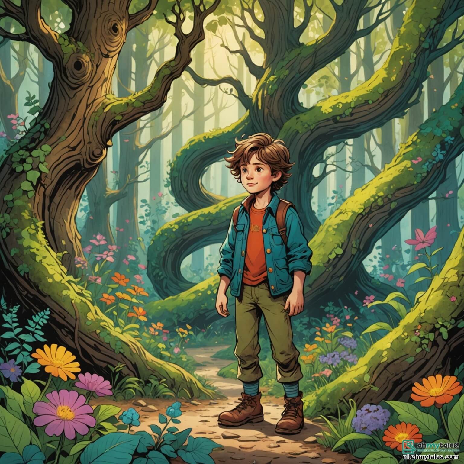 Une illustration destinée aux enfants représentant un petit garçon aux cheveux ébouriffés, vêtu de vêtements usés mais colorés, se tenant courageusement au bord d'une forêt enchantée où les arbres majestueux, aux troncs noueux et aux feuilles scintillantes, semblent murmurer des secrets anciens, tandis qu'il regarde avec détermination les sentiers sinueux qui serpentent à travers des buissons fleuris et des fleurs éclatantes, entouré de ses six frères et sœurs, tous des enfants aux visages rieurs et aux yeux pétillants, qui l'encouragent à se lancer dans une quête audacieuse pour retrouver leur chemin vers la maison après avoir été abandonnés dans ce royaume féerique, où des créatures magiques comme une sage et vieille chouette aux plumes argentées et un ours jovial aux yeux ronds, veillent sur eux avec bienveillance, prêts à les aider dans leur aventure palpitante.