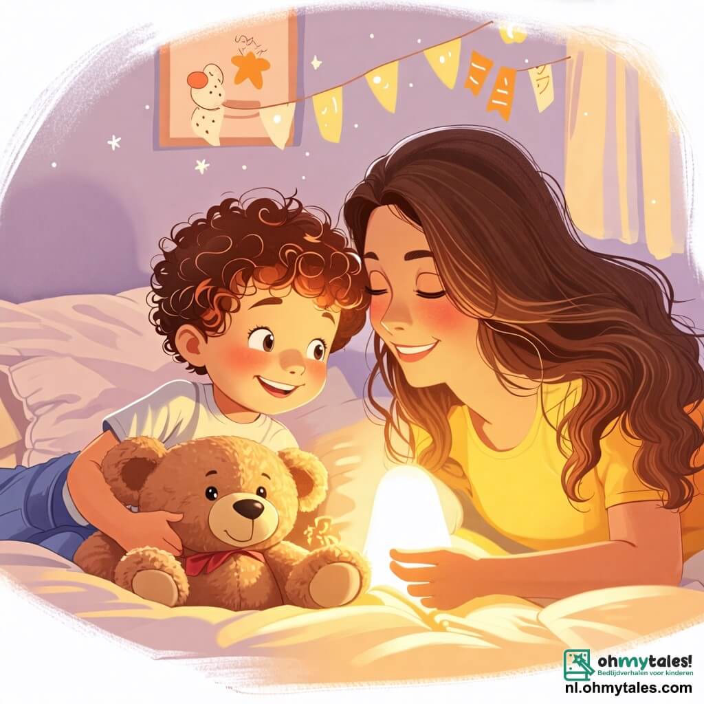 Une illustration sous forme de dessin destinée aux enfants représentant une chambre douillette avec des murs pastel, un petit garçon de 2 ans aux cheveux bouclés et aux yeux pétillants, allongé dans son lit avec un grand sourire, tenant fermement sa douce teddy bear, tandis que sa maman, une femme chaleureuse aux cheveux longs et bruns, se penche vers lui avec tendresse, allumant une veilleuse qui projette une lumière douce et rassurante, créant une atmosphère apaisante pour chasser la peur du noir.