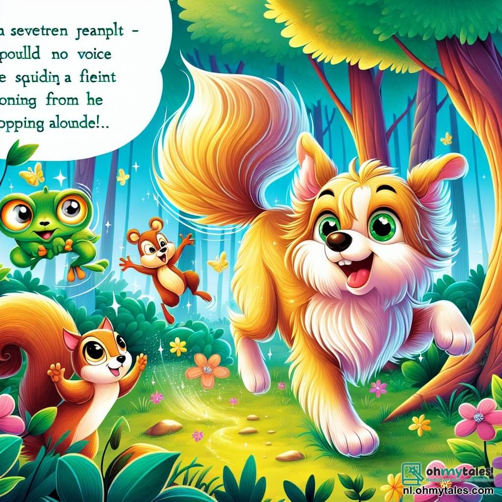 Une illustration sous forme de dessin destinée aux enfants représentant une scène enchantée dans un forêt colorée, où un chien à la fourrure dorée et aux yeux pétillants, joyeusement en train de sauter autour d'une rivière scintillante, est accompagné d'un petit écureuil aux yeux vifs et d'une grenouille verte qui fait des sauts, tandis qu'ils découvrent ensemble une petite voix venant d'un renard coincé dans des buissons, illustrant l'esprit d'entraide et d'amitié de leur aventure.