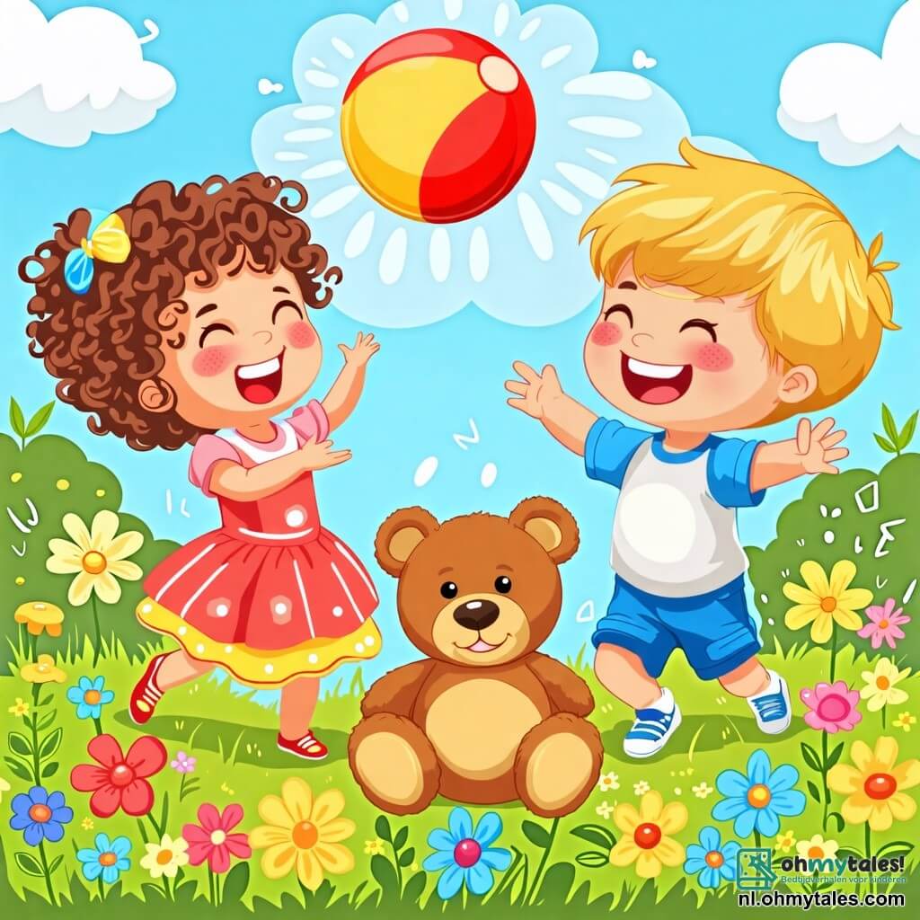 Une illustration sous forme de dessin destinée aux enfants représentant un jardin ensoleillé avec des fleurs colorées et un ciel bleu, où une petite fille de 2 ans aux cheveux bouclés et aux yeux pétillants joue joyeusement avec une grande balle, tandis qu'un garçon de 3 ans aux cheveux blonds et aux yeux clairs sourit en lui lançant la balle, et à côté d'eux, un teddy bear en peluche, nommé Bobo, est assis dans l'herbe, symbolisant leur amitié et leur bonheur partagé.