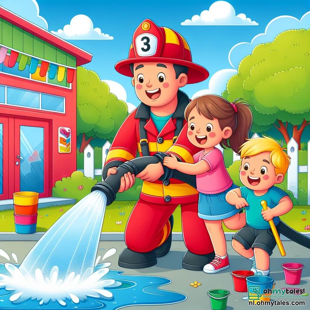 Une illustration sous forme de dessin destinée aux enfants représentant une scène animée à l'extérieur d'une caserne de pompiers colorée, avec un homme souriant en uniforme rouge, portant un casque de pompier et tenant une grande lance à incendie, tandis que deux enfants, une fille aux cheveux bruns et une t-shirt rose, et un garçon aux cheveux blonds et un t-shirt bleu, s'amusent à diriger le jet d'eau vers des seaux colorés, le tout sous un ciel ensoleillé et avec des arbres verdoyants en arrière-plan, illustrant l'apprentissage joyeux et l'esprit d'équipe des jeunes aventuriers.