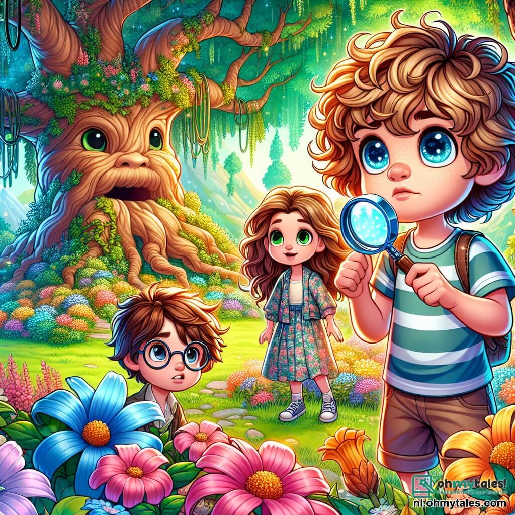 Une illustration sous forme de dessin destinée aux enfants représentant un magnifique parc enchanté, rempli de fleurs colorées et d'arbres majestueux, où un garçon de 7 ans aux cheveux bouclés et aux yeux pétillants, vêtu d'un t-shirt rayé et d'un short, tient un magnifying glass avec un air déterminé, tandis qu'à ses côtés, deux amis, une fille aux cheveux longs et ondulés portant une robe à fleurs, et un garçon aux lunettes rondes et aux cheveux en bataille, l'écoutent attentivement alors qu'ils découvrent le mystère des étoiles disparues, avec en arrière-plan une grande et ancienne arbre magique qui semble les observer.
