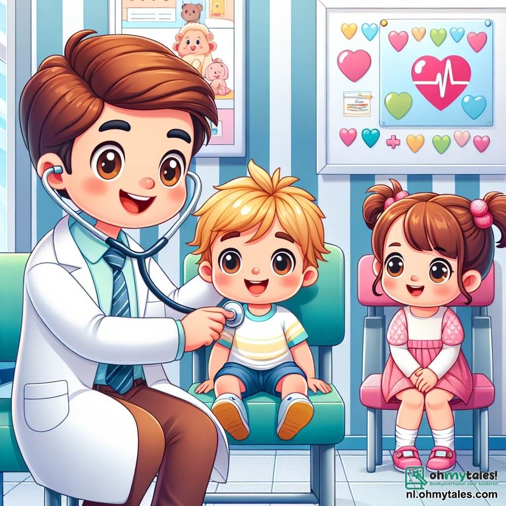 Une illustration sous forme de dessin destinée aux enfants représentant l'intérieur d'une pratique médicale colorée et accueillante, où un homme médecin souriant, avec des cheveux bruns et portant une grande blouse blanche, utilise une stéthoscope pour écouter le cœur d'un petit garçon aux cheveux blonds, assis sur une chaise, tandis qu'une petite fille aux cheveux châtains, vêtue d'une robe rose, observe avec curiosité, le tout dans une ambiance joyeuse et bienveillante, symbolisant l'importance de prendre soin de sa santé.
