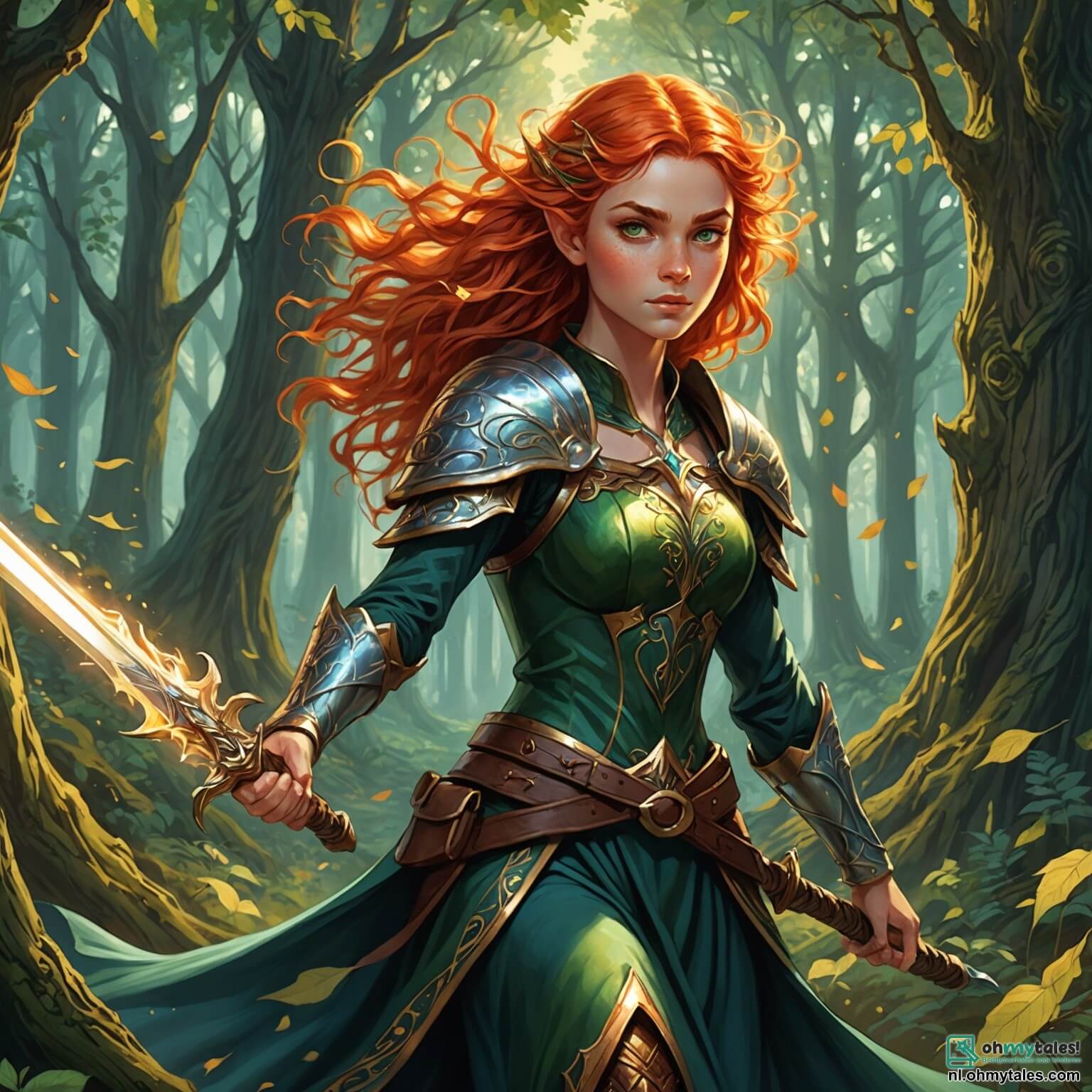 Une illustration destinée aux enfants représentant une jeune femme au regard déterminé, aux cheveux flamboyants flottant comme des flammes dans le vent, brandissant un épée scintillante au milieu d'une forêt enchantée où les arbres majestueux, aux troncs noueux et aux feuilles chatoyantes, semblent murmurer des secrets anciens, tandis qu'à ses côtés, un elfe aux ailes iridescentes, à la peau lumineuse et aux yeux pétillants de malice, l'encourage avec un sourire complice, alors qu'ensemble, ils se dirigent vers la sombre silhouette d'une tour sinistre, émergeant des brumes menaçantes, où un sorcier maléfique, à la barbe hirsute et au regard perçant, garde jalousement une pierre magique volée qui menace d plonger leur royaume dans le chaos.