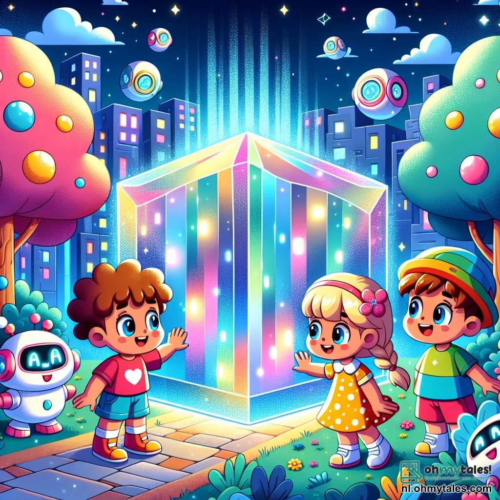 Illustratie van een futuristisch park in een kleurrijke stad, met bomen met multikleurige bladeren die schitteren onder een stralende blauwe lucht. In het midden staat een grote, glanzende kubus met iriserende reflecties die zachte lichten en melodieuze geluiden uitstraalt. Drie kinderen zijn aanwezig: een vijfjarig jongetje met krullend haar, gekleed in een rode t-shirt en blauwe shorts, die verwonderd de oppervlakte van de kubus aanraakt. Naast hem staat een vijfjarig meisje met een lange vlecht en een gele jurk met stippen, dat vrolijk glimlacht terwijl ze naar haar vriend kijkt. Ten slotte observeert een andere vijfjarige jongen, met een kleurrijke pet en een groene t-shirt, aandachtig de heldere schermen die om hen heen zweven. De hoofdscène toont de kinderen die de magie van de kubus ontdekken, klaar om een wereld van avonturen en kennis binnen te gaan. Kleine robots met grappige vormen en knipperende ogen zweven om hen heen, wat een vleugje fantasie aan de scène toevoegt. Zingende bloemen en snoepvormige wolken completeren dit betoverende tafereel.