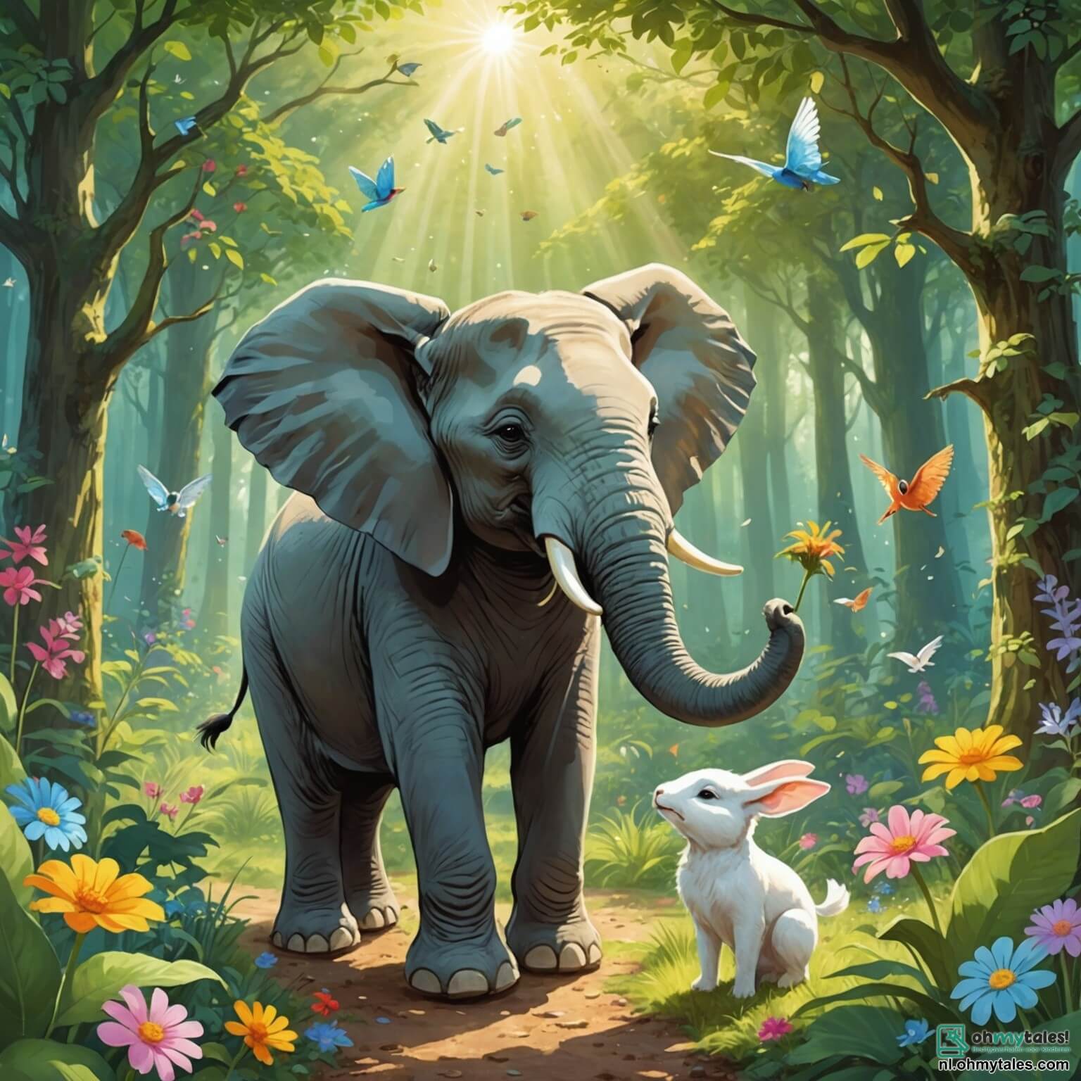 Une illustration destinée aux enfants représentant une majestueuse éléphante aux grandes oreilles délicatement courbées, se tenant au milieu d'une forêt enchantée où les rayons du soleil dansent à travers les feuilles vertes et brillantes des arbres, entourée de fleurs colorées qui s'épanouissent sur le sol, alors qu'elle chante joyeusement pour apaiser un petit lapin au pelage doux et blanc, perdu et en larmes, tandis qu'un oiseau aux plumes éclatantes, flottant dans les airs, les observe avec un sourire complice, tous trois unis par l'aventure de retrouver le chemin du petit lapin vers sa maison, près d'une grande chêne majestueux qui se dresse fièrement à l'orée de la forêt.