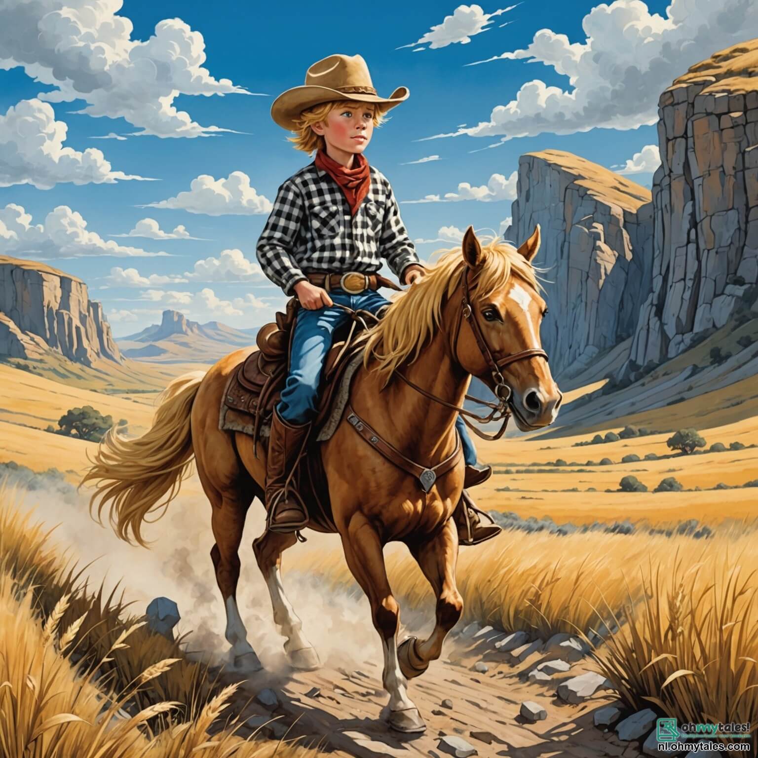 Une illustration destinée aux enfants représentant un jeune cowboy intrépide, un garçon à la chevelure dorée et aux yeux pétillants d'aventure, vêtu d'un chapeau de feutre usé et d'une chemise à carreaux, chevauchant son fidèle destrier noir et blanc à travers de vastes prairies dorées, où le vent fait danser les herbes hautes sous un ciel azur parsemé de nuages cotonneux, tandis qu'il découvre une mystérieuse grotte cachée derrière des rochers escarpés, accompagné de son ami à la grande casquette et au sourire éclatant, qui l'encourage à déchiffrer une ancienne carte au trésor, le tout se déroulant dans le décor sauvage et enchanteur du Far West, où le chant des oiseaux et le bruit des sabots résonnent dans l'air chaud et parfumé de la terre battue.