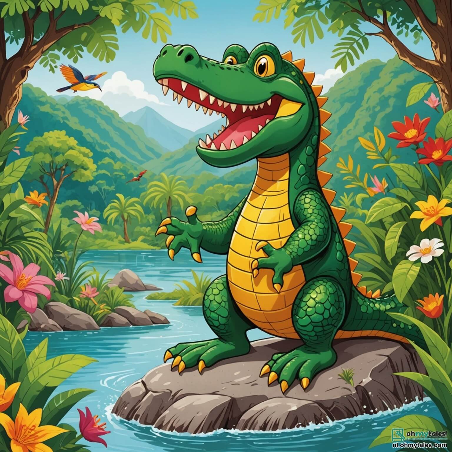 Une illustration destinée aux enfants représentant un crocodile au sourire éclatant et aux écailles brillantes comme des émeraudes, se tenant sur une grande pierre chaude au bord d'une rivière scintillante, entourée de feuillages luxuriants et de fleurs colorées, tandis que des singes espiègles sautent de branche en branche et des oiseaux aux plumes éclatantes chantent joyeusement, alors que le crocodile, bien que d'abord effrayé par l'eau froide et mystérieuse, se retrouve encouragé par ses amis à surmonter sa peur et à plonger dans l'aventure aquatique qui l'attend.