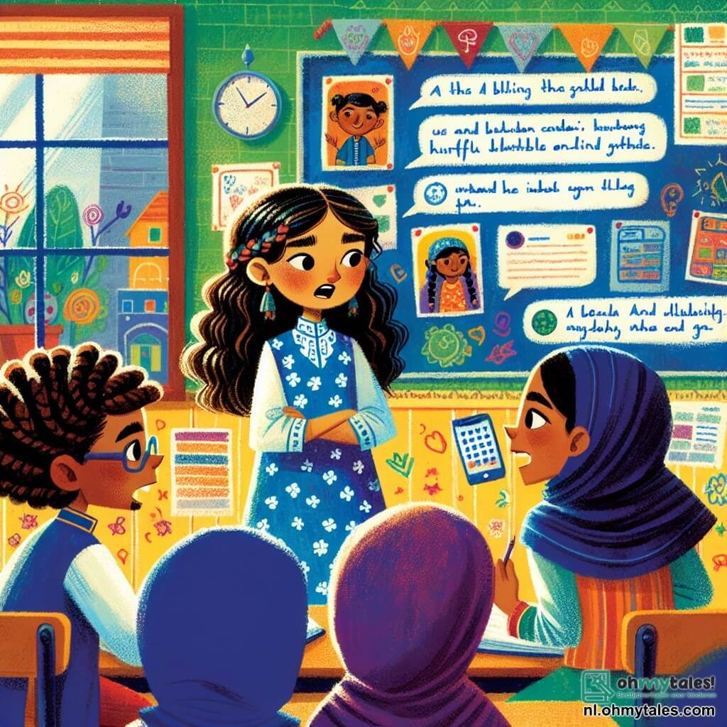 Une illustration sous forme de dessin destinée aux enfants représentant une salle de classe colorée, avec des murs décorés de dessins d'enfants et un tableau noir, où une fille de 7 ans aux cheveux bouclés et blonds, portant une robe bleue à pois blancs, se tient au centre, l'air préoccupé, tandis que deux de ses amies, une fille aux cheveux bruns en tresse et une autre avec des cheveux raides et noirs, l'écoutent attentivement, tous trois discutant de messages blessants reçus en ligne, illustrant ainsi le thème du harcèlement et l'importance de l'amitié et du soutien.