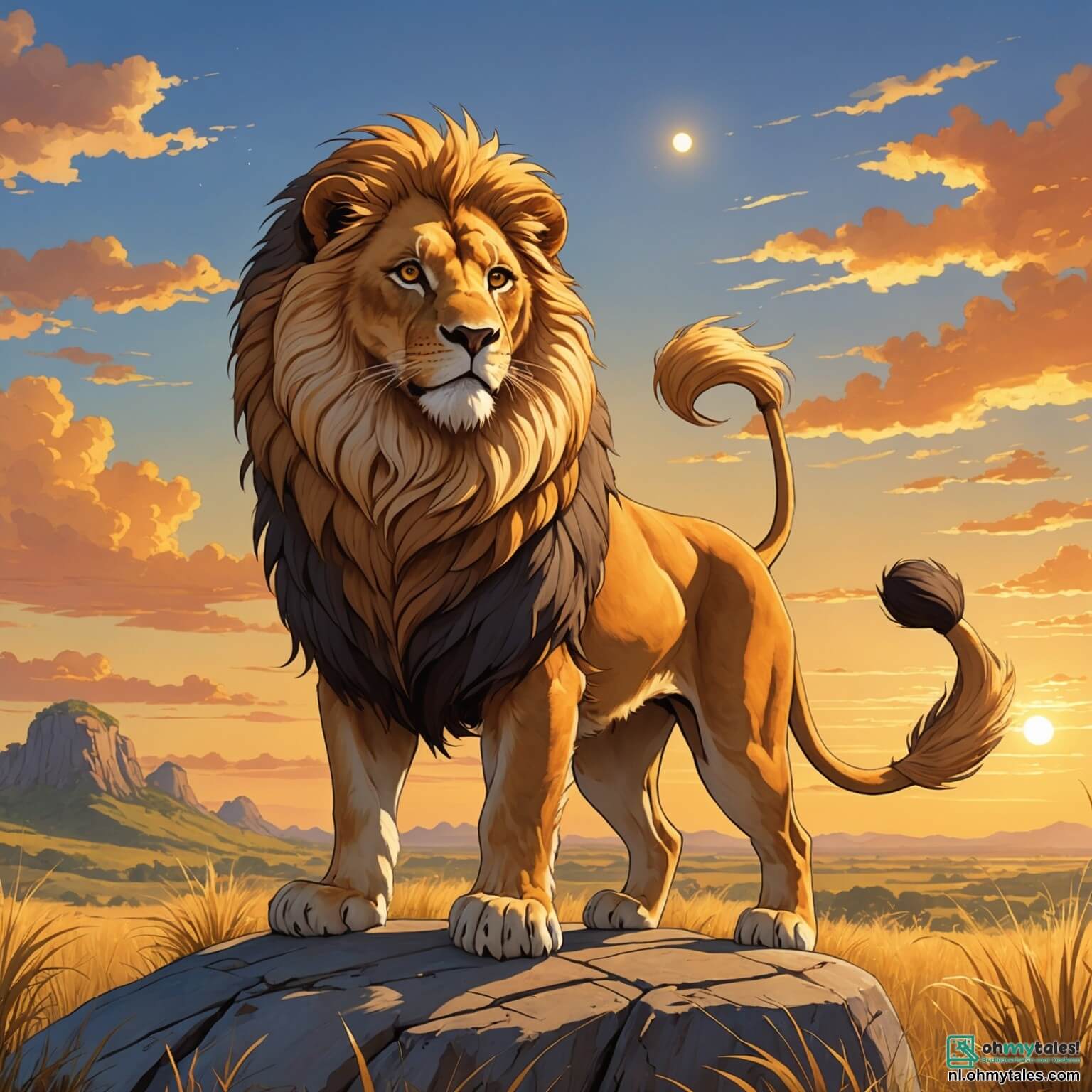 Une illustration destinée aux enfants représentant un majestueux lion à la crinière dorée, se tenant fièrement sur une roche surplombant une vaste savane baignée de lumière dorée, où des herbes hautes dansent au gré du vent et où le ciel se teinte de nuances orangées au coucher du soleil, tandis qu'il se prépare à vivre une aventure palpitante aux côtés de son ami, un petit tamarin espiègle aux yeux pétillants, et de leur amie, une abeille bourdonnante, tous trois déterminés à retrouver une précieuse carotte perdue, au cœur de cette nature vibrante et colorée, peuplée de bruits d'animaux et de parfums de fleurs sauvages.