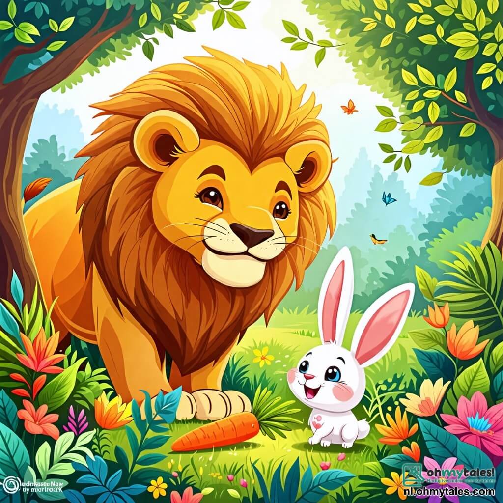 Une illustration sous forme de dessin destinée aux enfants représentant une scène enchantée dans une forêt verdoyante, où un grand lion au pelage doré, avec une crinière majestueuse, sourit amicalement tout en aidant un petit, mignon konijntje aux grandes oreilles blanches, qui est en train de sauter de joie en découvrant ses cachées carottes sous un grand feuillage coloré, entouré de fleurs éclatantes et d'arbres majestueux, illustrant l'importance de l'amitié et de la coopération.
