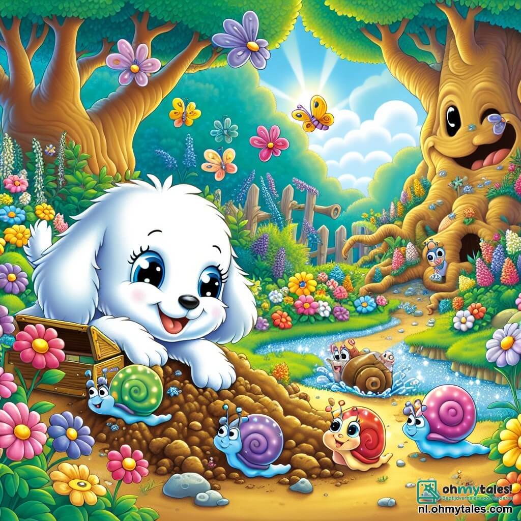 Illustratie van een magische scène in een geheime tuin, vol kleurrijke bloemen met lachende gezichten, grote bomen met knoestige stammen en kleine glinsterende beekjes. In het midden graaft een ondeugende hond met een stralende witte vacht, hangende oren en nieuwsgierige, sprankelende ogen in de grond met zijn voorpoten en ontdekt een oude houten doos. Dichtbij bereidt een groep van drie kleine slakken met glanzende, kleurrijke schelpen en vastberaden gezichten zich voor op een leuke race, terwijl bloemen in felle kleuren hen aanmoedigen door hun bloemblaadjes te zwaaien. De sfeer is vrolijk en vol leven, met vlinders die om hen heen fladderen en een blauwe lucht vol donzige wolken.