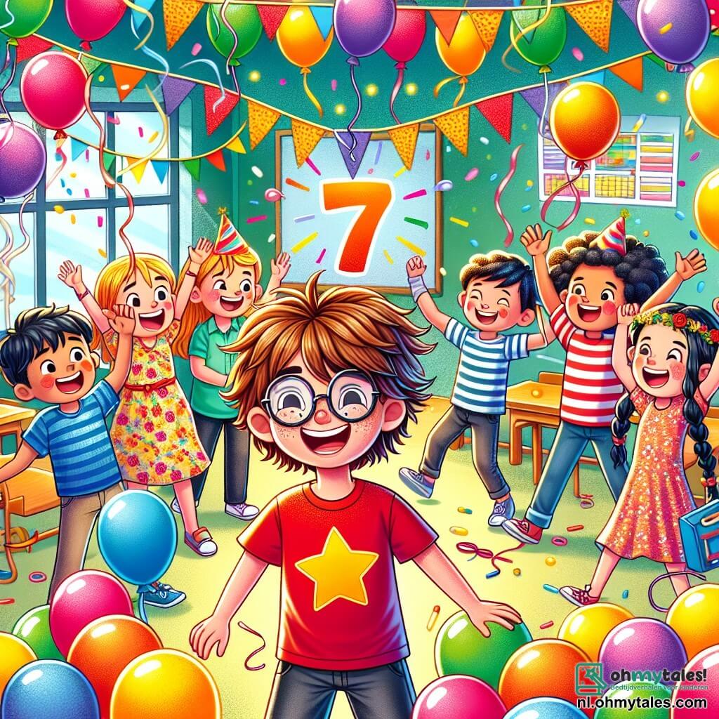 Illustratie van een heldere en kleurrijke klaslokaal, versierd met kleurrijke ballonnen en feestelijke slingers. In het midden staat een 7-jarig jongetje met rommelige bruine haren, gekleed in een rode T-shirt met een grote ster en een stralende glimlach, met zijn armen omhoog in een teken van vreugde. Om hem heen lachen en spelen verschillende klasgenoten, jongens en meisjes van ongeveer 7 jaar, terwijl ze ballonnen in de lucht gooien. Een van de jongens draagt een gestreept T-shirt en een bril, terwijl een meisje met gevlochten blond haar een bloemenjurk aan heeft. De scène toont het moment waarop ze deelnemen aan een ballonnen spel, wat een feestelijke en vrolijke sfeer creëert, met gelach en stralende gezichten. Op de achtergrond observeert een glimlachende juf de scène, wat bijdraagt aan de warme sfeer van het verjaardagsfeest.