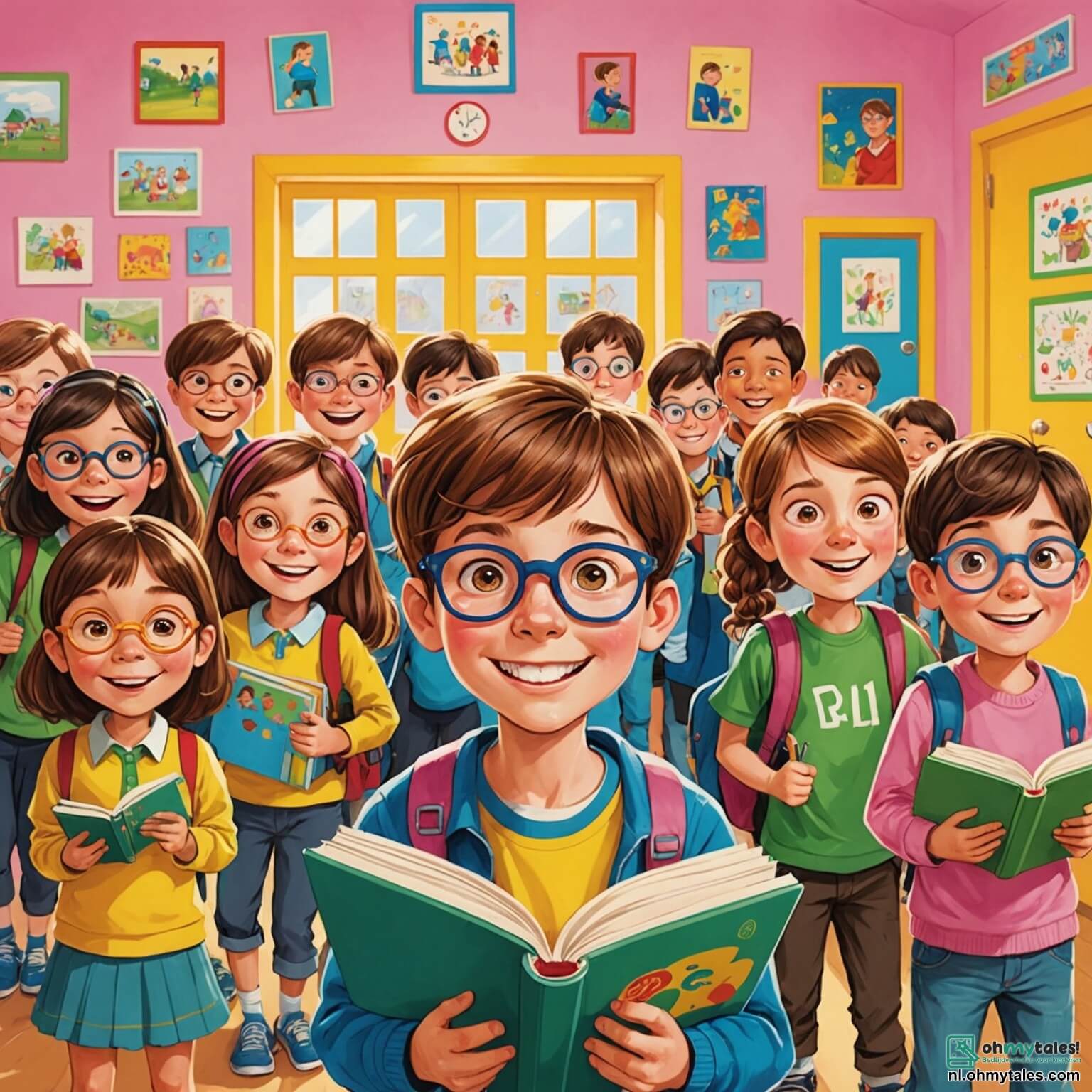 Une illustration destinée aux enfants représentant un garçon aux cheveux châtains et aux yeux pétillants, débordant d'énergie et de curiosité, se tenant devant une école colorée aux murs jaunes ornés de dessins d'enfants, où il attend avec impatience la dernière journée de classe, entouré de ses camarades de classe, dont une fille aux couettes roses qui rit aux éclats et un garçon aux lunettes rondes qui feuillette un livre, tandis que le soleil brille dans un ciel bleu azur, illuminant la cour de récréation remplie de balançoires et de jeux, où les cris de joie des enfants résonnent comme une mélodie joyeuse.