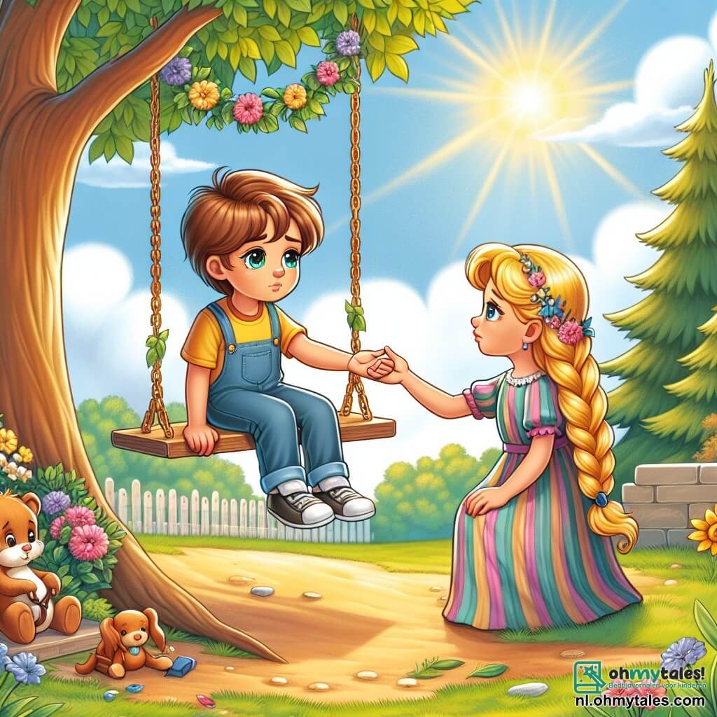 Une illustration sous forme de dessin destinée aux enfants représentant un paisible parc ensoleillé, avec un garçon de 9 ans aux cheveux châtains et aux yeux brillants, assis sur une balançoire, regardant pensivement un petit tas de fleurs et un jouet à côté d'une grande arbre, tandis qu'une fille aux cheveux blonds et tressés, vêtue d'une robe colorée, s'approche doucement pour lui tenir la main, symbolisant leur soutien mutuel dans un moment de tristesse et de souvenir après la perte de leur ami à quatre pattes.
