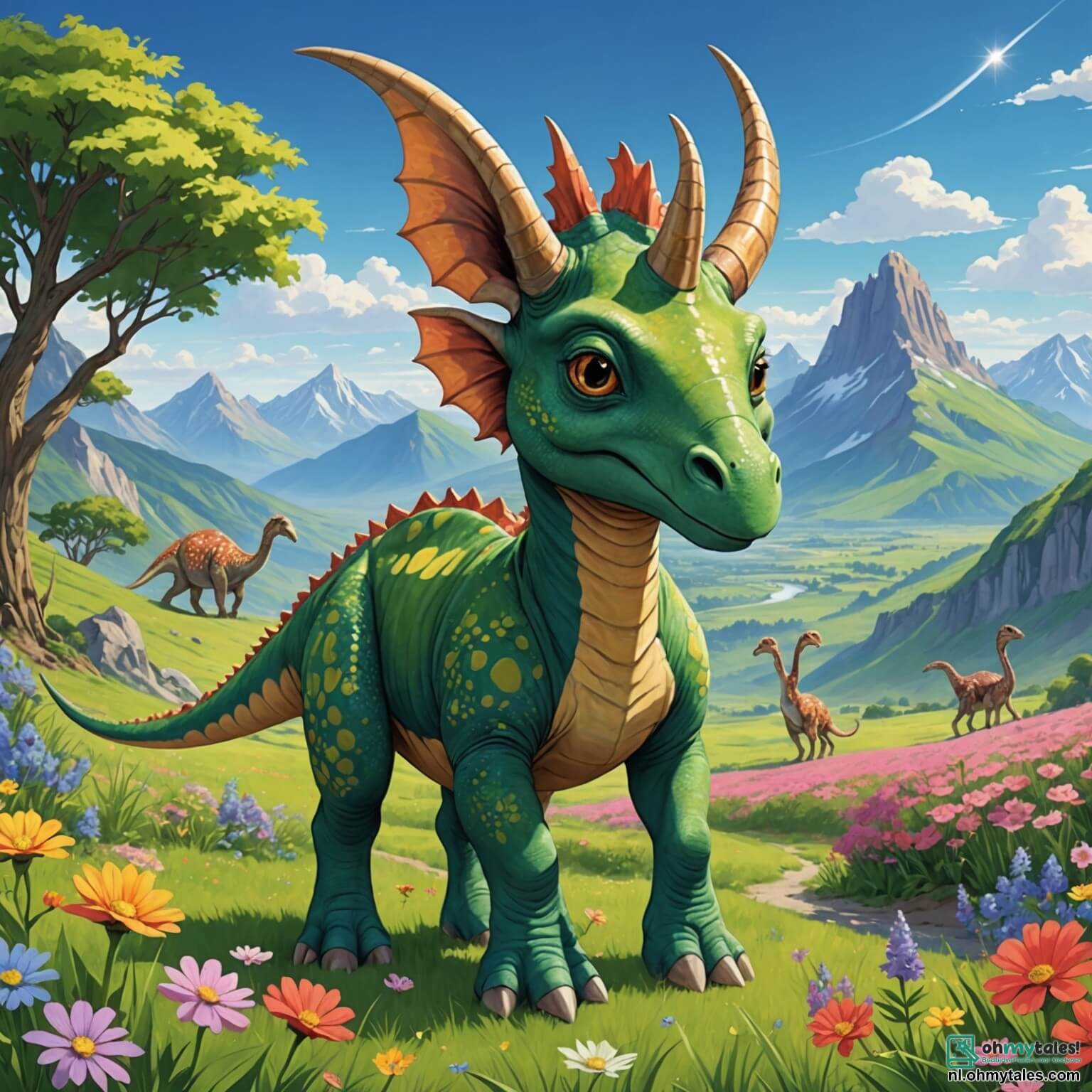 Une illustration destinée aux enfants représentant un jeune tricératops au regard pétillant de curiosité, se tenant fièrement au cœur d'une vaste vallée verdoyante, où des fleurs colorées dansent sous la brise légère et où de majestueuses montagnes se dressent à l'horizon, tandis qu'il est entouré de ses amis, un brachiosaure au long cou, une vélociraptor agile et un stégosaure à la carapace épineuse, tous prêts à vivre une aventure palpitante à la recherche d'une mystérieuse vallée cachée, où les étoiles brillent comme des diamants et où des secrets enchantés attendent d'être découverts.