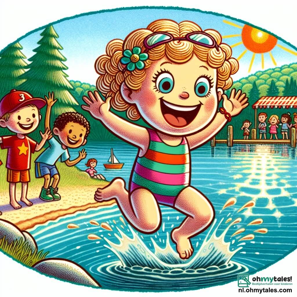 Une illustration sous forme de dessin destinée aux enfants représentant un camp d'été coloré au bord d'un lac scintillant, avec une fille de 7 ans aux cheveux blonds bouclés, portant un maillot de bain rayé et des lunettes de soleil, riant joyeusement en sautant dans l'eau, tandis qu'un garçon de 8 ans aux cheveux bruns courts et une casquette rouge, ainsi qu'une fille de 7 ans aux cheveux châtains tressés, applaudissent et encouragent depuis le bord du lac, capturant l'esprit d'amitié et d'aventure d'une journée ensoleillée d'été au camp.