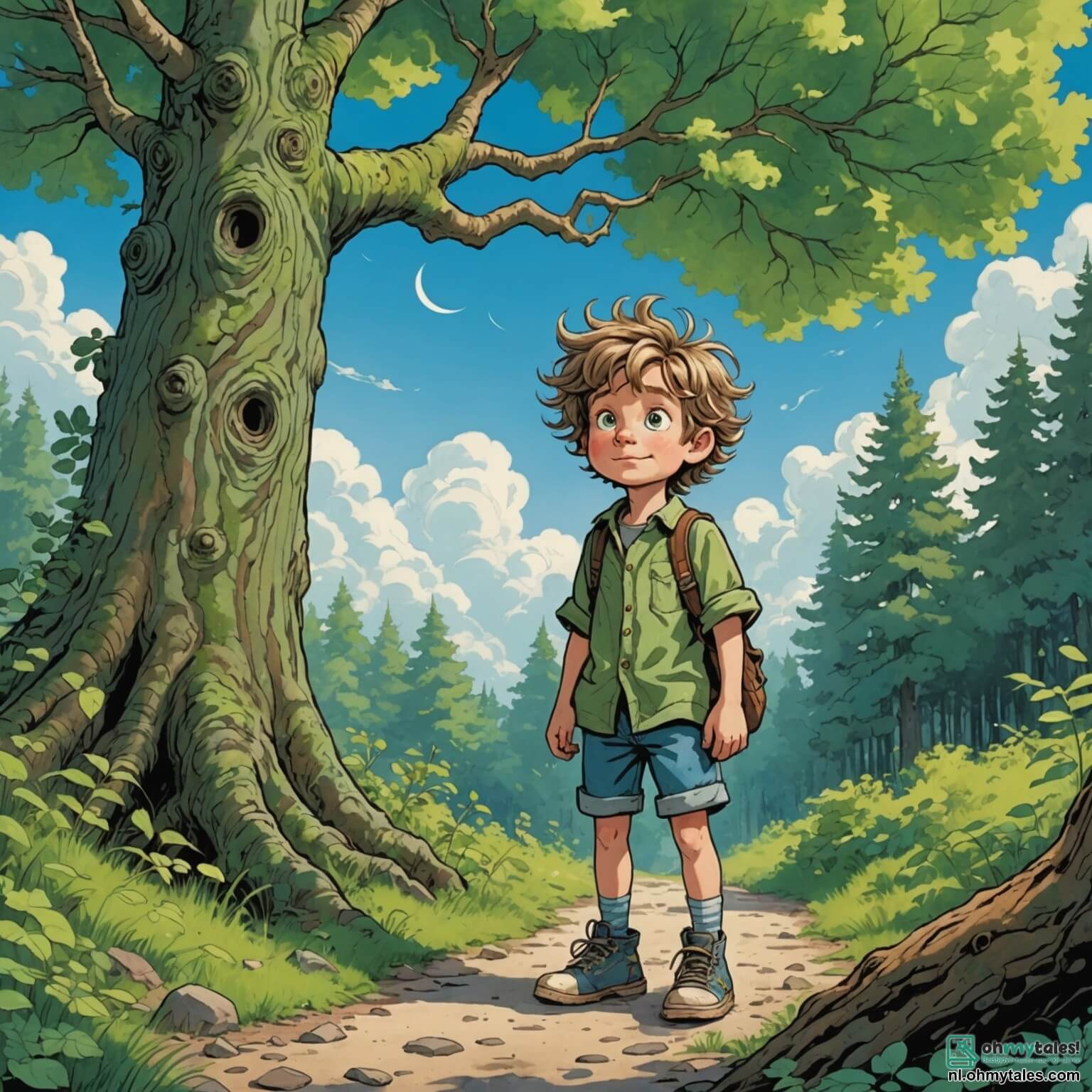 Une illustration destinée aux enfants représentant un petit garçon aux cheveux ébouriffés et aux yeux pétillants de malice, vêtu d'une tunique en toile usée et de souliers trop grands pour lui, se tenant courageusement au bord d'une forêt enchantée où les arbres majestueux aux troncs noueux et aux feuilles d'un vert éclatant s'élèvent vers un ciel azur parsemé de nuages cotonneux, tandis qu'il scrute avec détermination le sentier parsemé de cailloux scintillants qui le mènera à la maison de l'ogre, où l'attend une aventure palpitante, entouré de ses six frères, tous plus grands et plus forts que lui, mais qui, malgré leur force, sont souvent distraits par leurs propres jeux, et où la douce lumière du soleil filtre à travers les branches, créant des ombres dansantes sur le sol, promettant à ce petit héros que même les plus petits peuvent réaliser des choses extraordinaires.