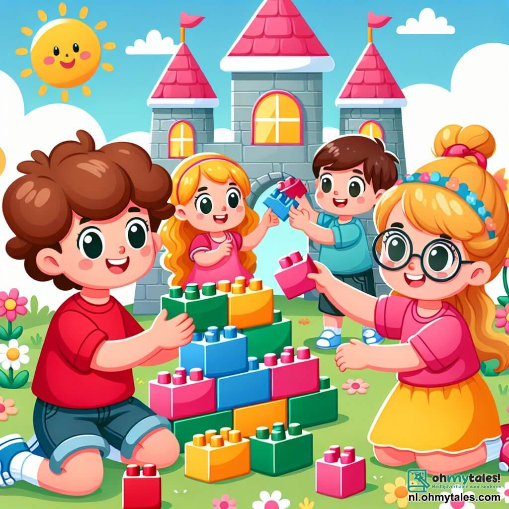 Une illustration sous forme de dessin destinée aux enfants représentant un grand terrain de jeu ensoleillé avec des couleurs vives, où un garçon de 5 ans aux cheveux bruns et bouclés, portant un t-shirt rouge et un short bleu, est en train de construire un magnifique château en blocs de construction, entouré de deux filles, l'une aux cheveux blonds tressés en deux nattes et portant une robe rose, et l'autre avec des cheveux châtains et des lunettes, qui l'aident joyeusement en ajoutant des fleurs colorées en blocs dans le jardin du château, illustrant ainsi l'importance de l'égalité des genres et de la collaboration entre amis.