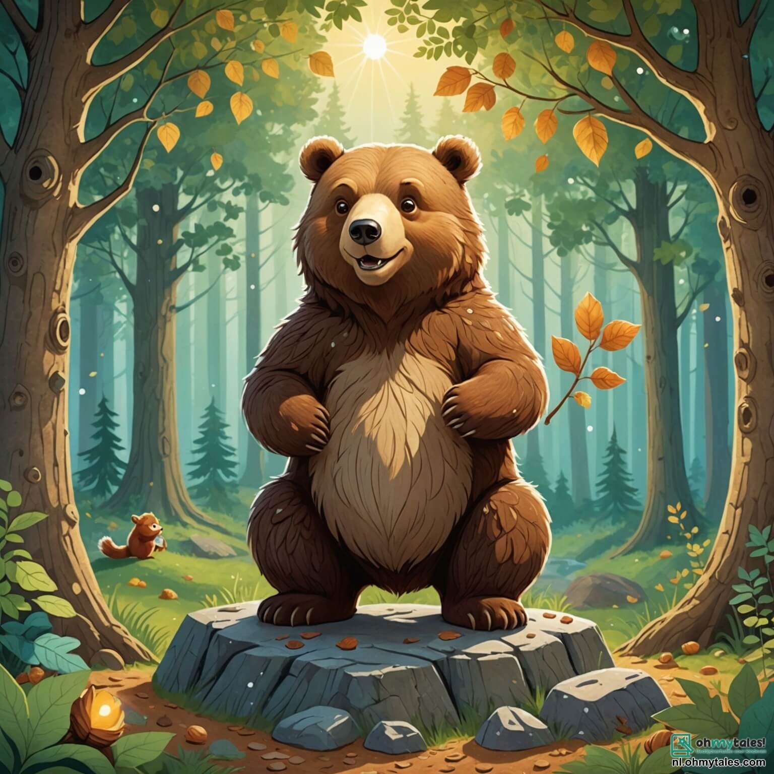 Une illustration destinée aux enfants représentant un grand ours au pelage doux et scintillant comme la lumière du soleil, se tenant sur une pierre moelleuse au milieu d'une forêt enchantée, où les arbres majestueux aux feuilles chatoyantes dansent avec le vent, tandis qu'une petite écureuil espiègle, avec une queue en panache et des yeux pétillants de curiosité, s'affaire à ramasser des noisettes à ses pieds, illustrant ainsi la quête de l'ours pour se faire des amis dans ce monde féérique.