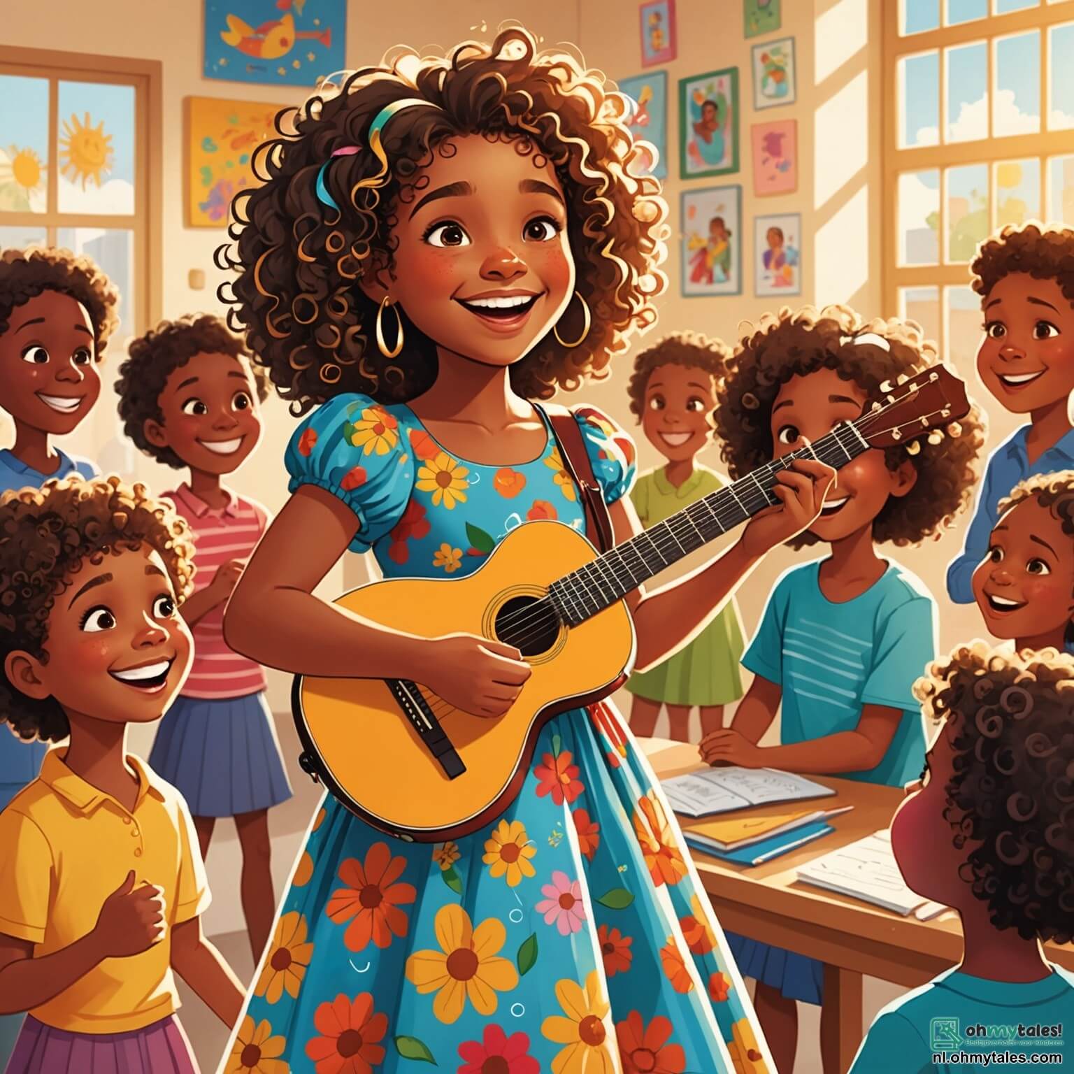 Une illustration destinée aux enfants représentant une femme joyeuse aux cheveux bouclés, portant une robe colorée et tenant une guitare scintillante, se tenant devant une classe d'enfants émerveillés, où des garçons aux sourires éclatants et des filles aux yeux pétillants s'apprêtent à chanter ensemble dans une salle de classe lumineuse ornée de dessins colorés accrochés aux murs, de fenêtres laissant entrer la lumière dorée du soleil et de fleurs en pot qui embaument l'air, alors qu'ils préparent un spectacle musical pour leurs parents dans un parc verdoyant, rempli de rires et de joie, où les arbres dansent doucement au rythme de la mélodie.