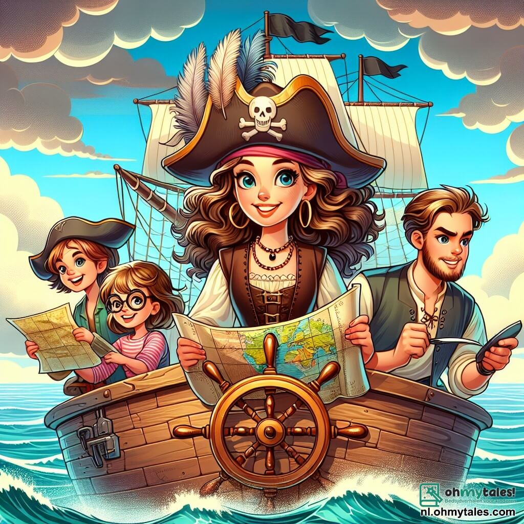 Une illustration sous forme de dessin destinée aux enfants représentant un magnifique bateau pirate voguant sur une mer calme, avec une femme pirate aux cheveux longs et bouclés, portant un chapeau de pirate orné de plumes, qui tient fermement le gouvernail tout en souriant avec détermination, entourée de trois membres de son équipage : un garçon aux cheveux blonds et aux yeux pétillants, qui observe la carte avec enthousiasme, une fille aux cheveux courts et aux lunettes, qui examine une boussole, et un garçon musclé au regard sérieux, qui scrute l'horizon, alors qu'ils se dirigent vers une île mystérieuse à la recherche d'une légendaire trésor tout en faisant face à des défis et en renforçant leur amitié.